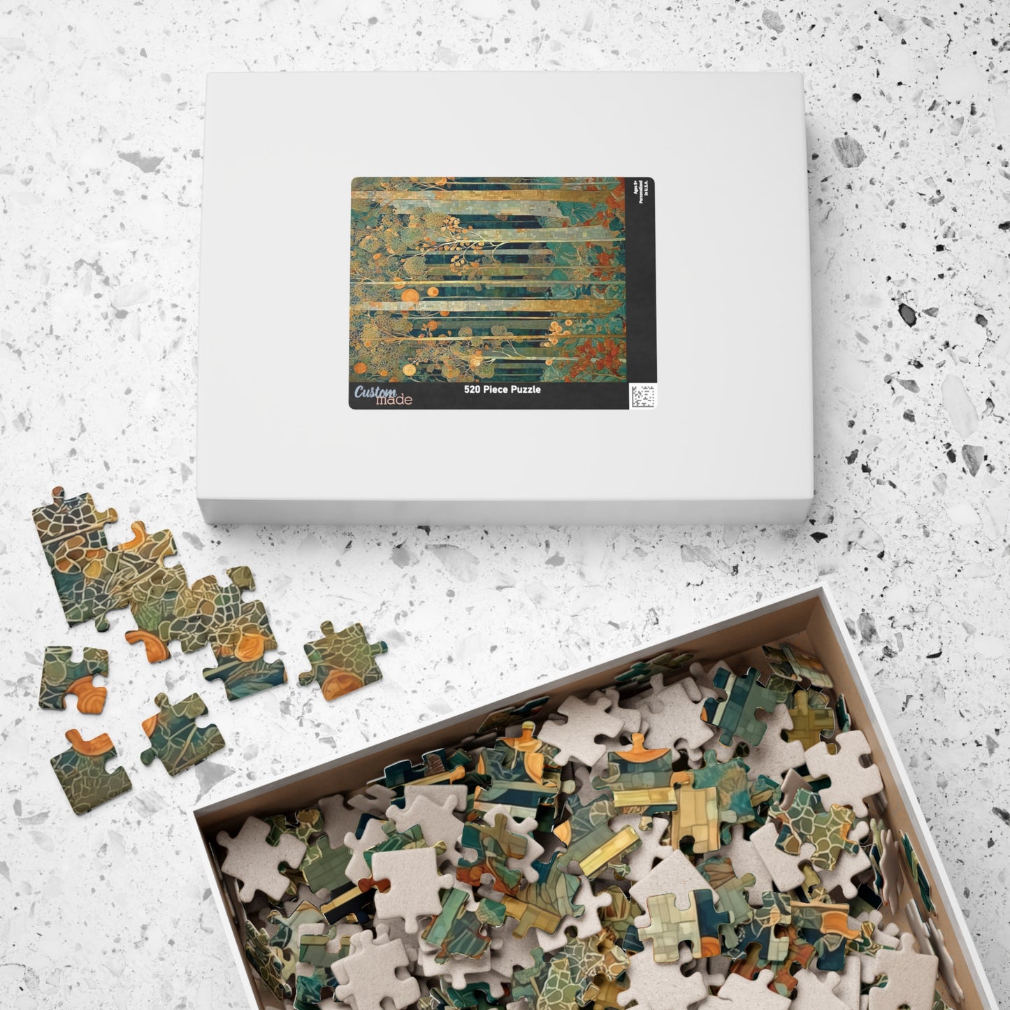 Jigsaw puzzle set with pieces scattered on a textured surface