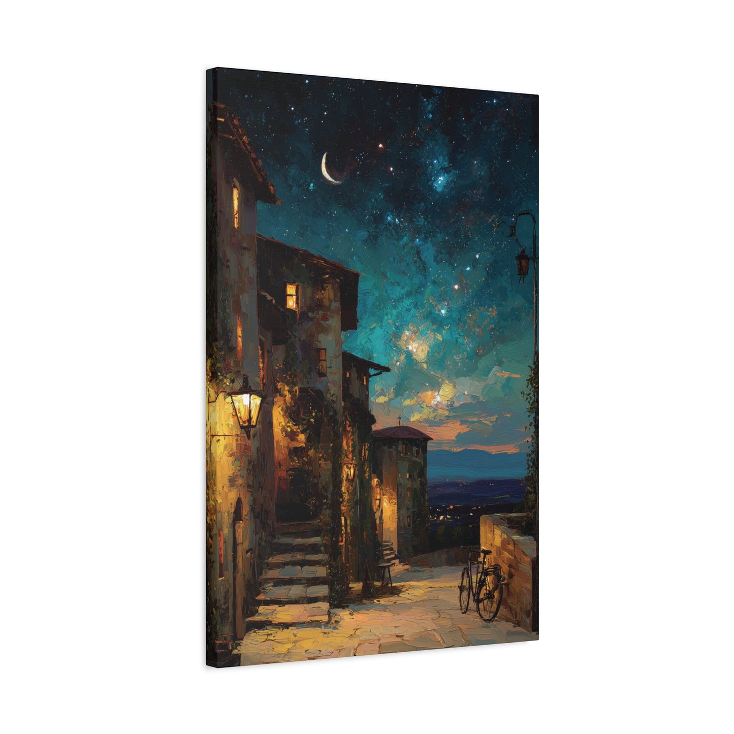 Enchanting European Village Night Sky Canvas Print Decor, Impressionistic Style Wall Art, Cozy Magical Living Room Bedroom Entryway Decor