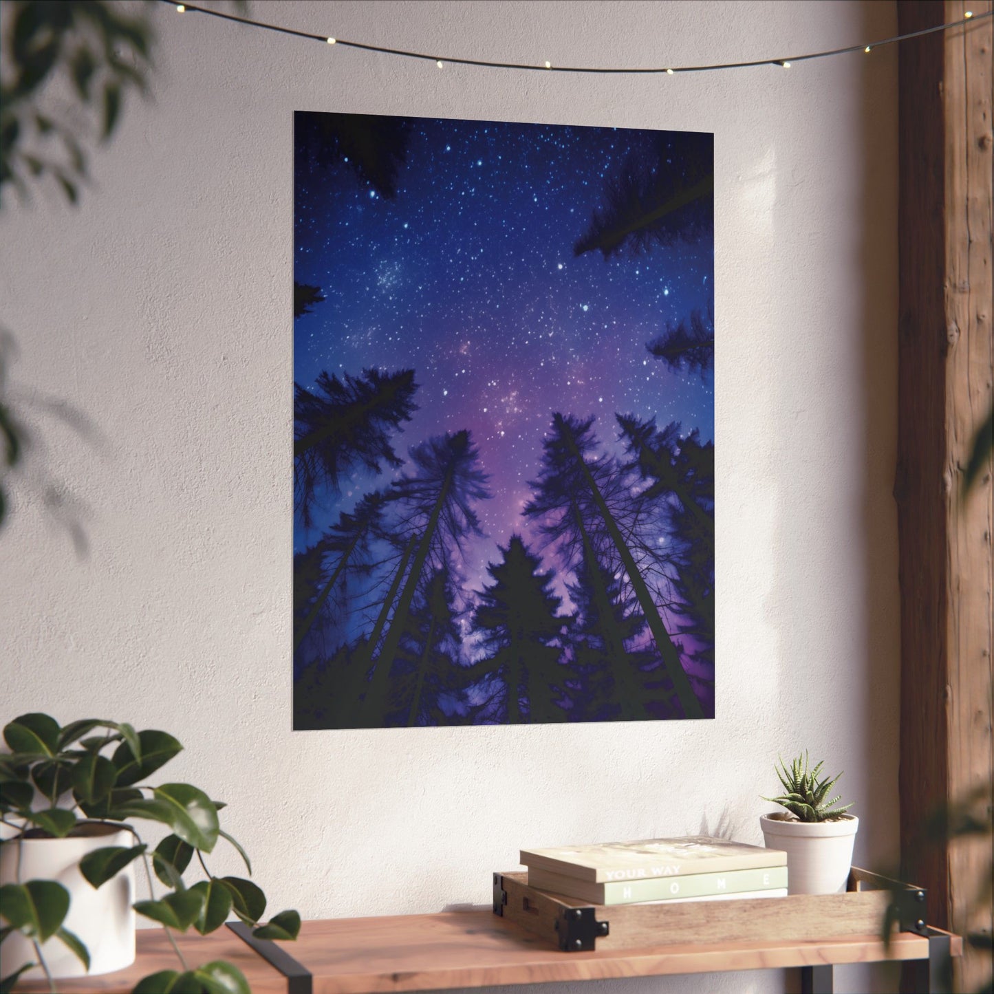 Celestial Starry Night Sky Poster, Trees Silhouette Astronomy Print, Nature Lover Home Decor, Galaxy Wall Art Gift, Dreamy Purple Blue Sky