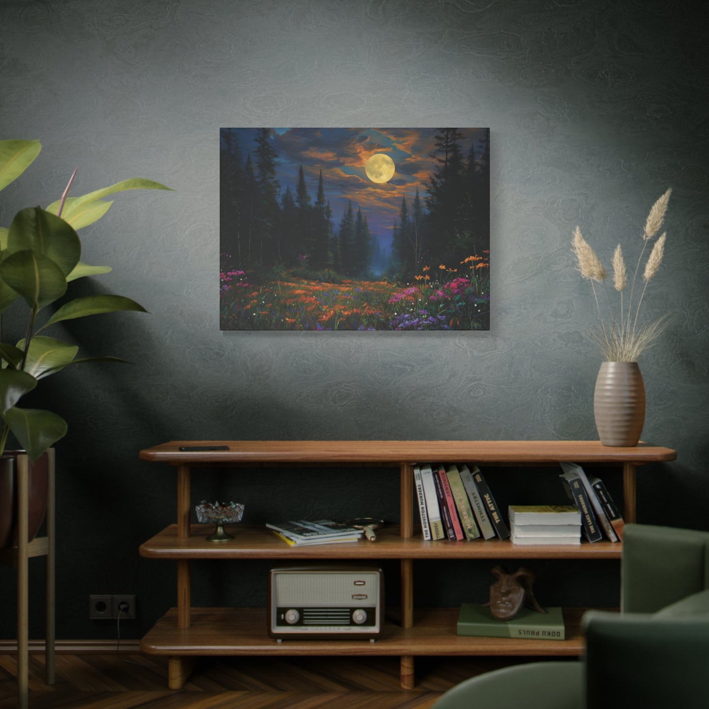 Celestial Moonlit Forest Wildflower Meadow Canvas Wall Art, Pine Trees Twilight Sky Print, Nature Lover Bedroom Living Room Cabin Decor