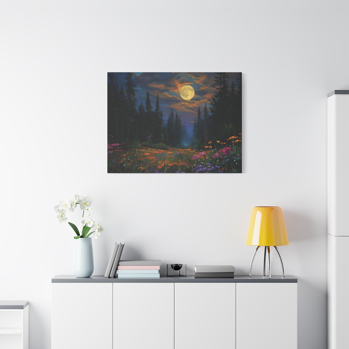 Celestial Moonlit Forest Wildflower Meadow Canvas Wall Art, Pine Trees Twilight Sky Print, Nature Lover Bedroom Living Room Cabin Decor