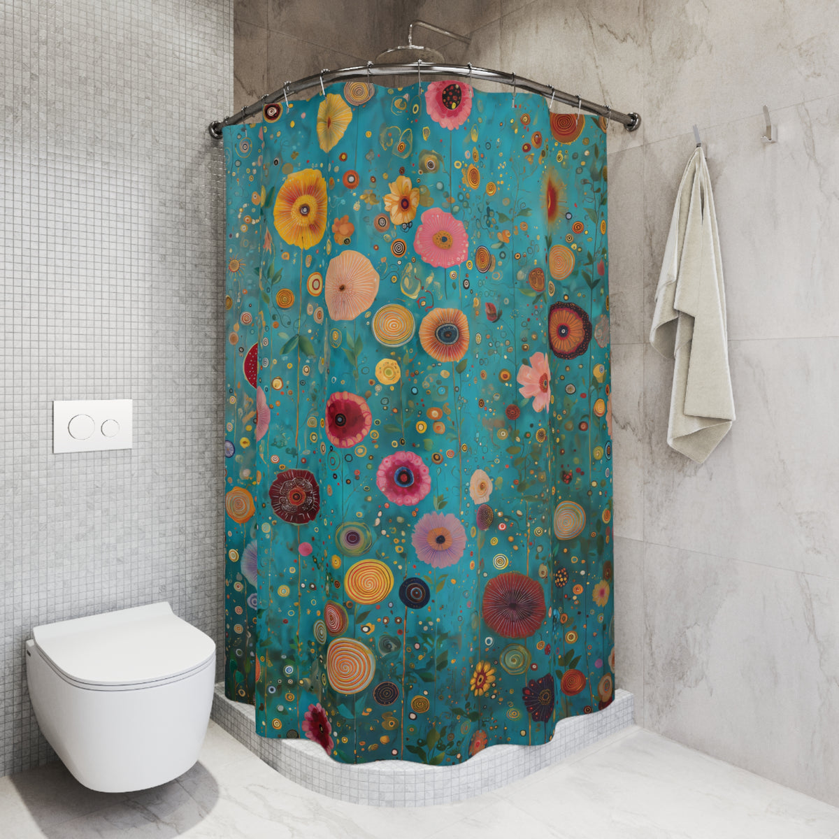 A shower curtain with a colorful abstract floral pattern in teal, pink, orange, yellow, and red, hanging in a modern tiled bathroom next to a toilet and a towel.