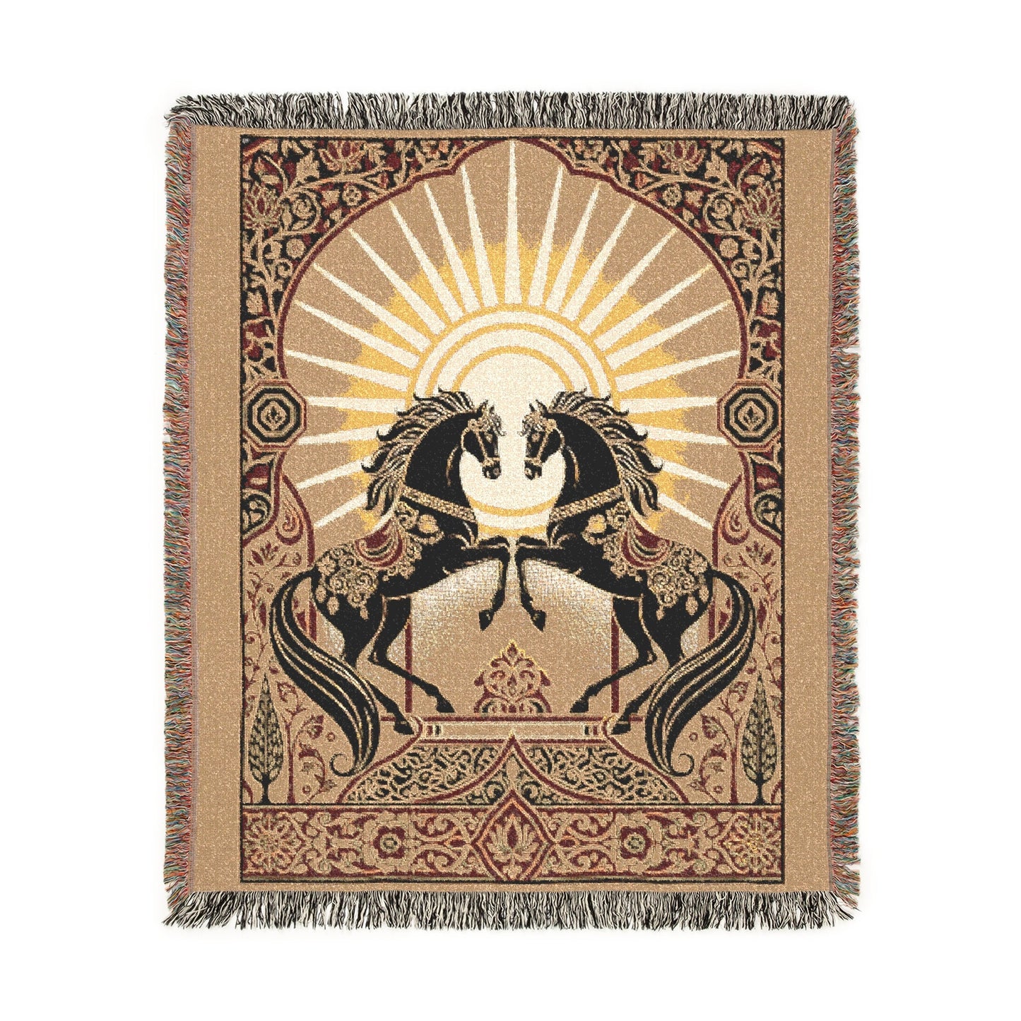 Bohemian Horse Woven Blanket, Celestial Sun Tapestry, Persian Art Jacquard Throw, Maximalist Wall Hanging, Spiritual Equestrian Decor Gift