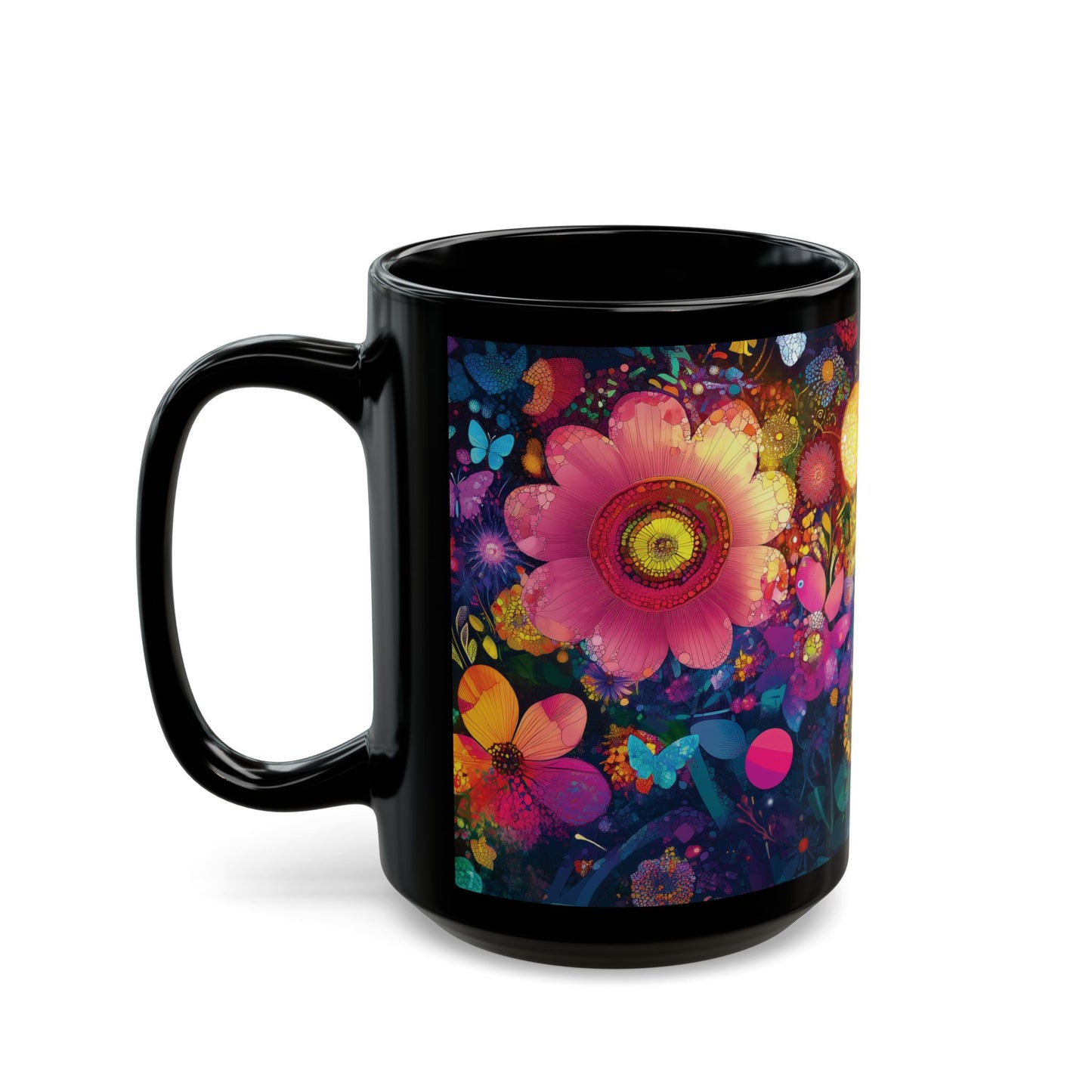 Colorful Floral Garden Black Mug, Vibrant Flower Art Coffee Cup, Gift for Mom, Mosaic Style Drinking Mug, Butterfly and Orb Design