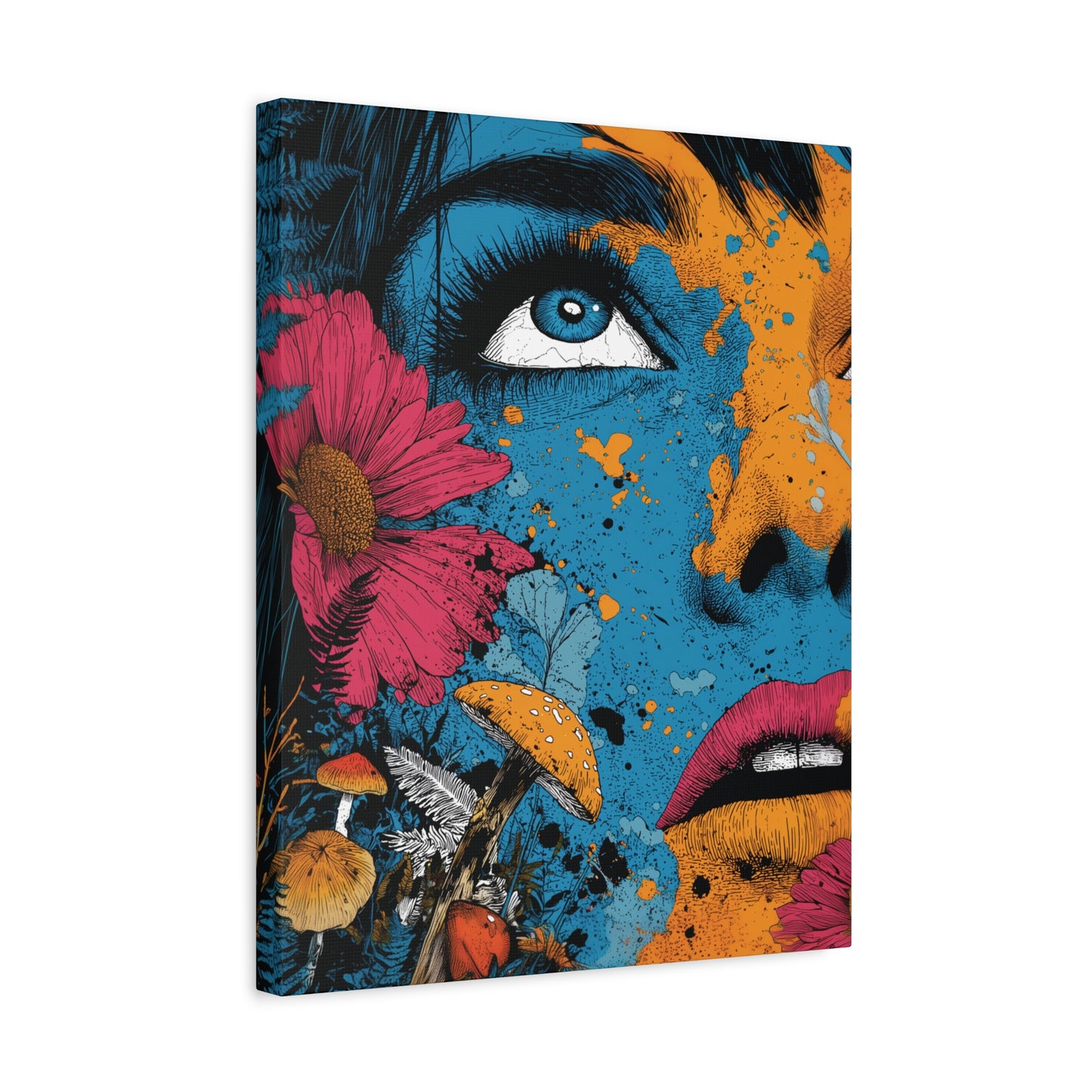 Woman's Face Surrealism and Psychedelic Pop Canvas Art Print, Whimsical Mushrooms and Floral Pop Art, Edgy Art Decor, Living Room Decoration