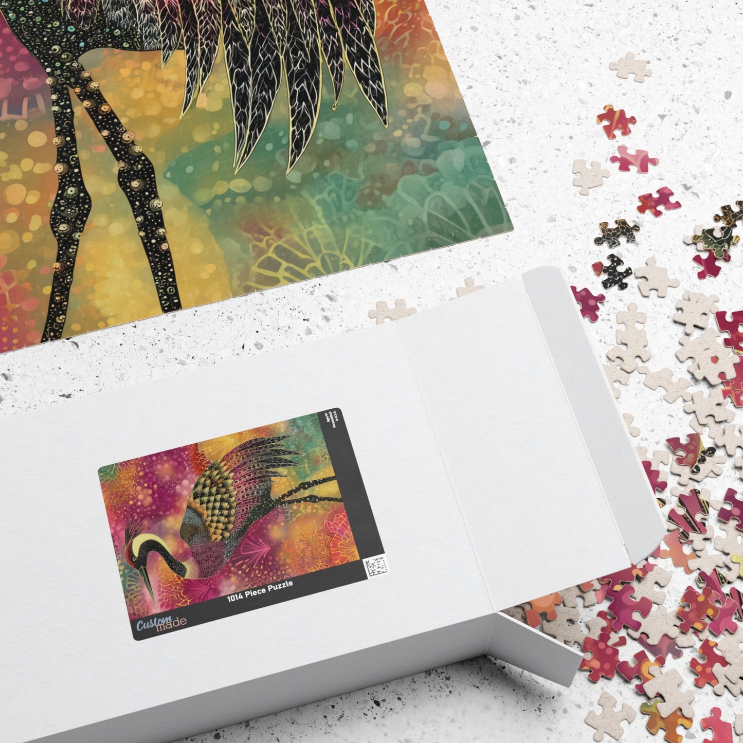 Colorful Crane Puzzle, Elegant Bird Lover's Jigsaw, Vibrant Heron Artistic Challenge Game, Mosaic Style Crane Puzzle, Difficult Puzzle