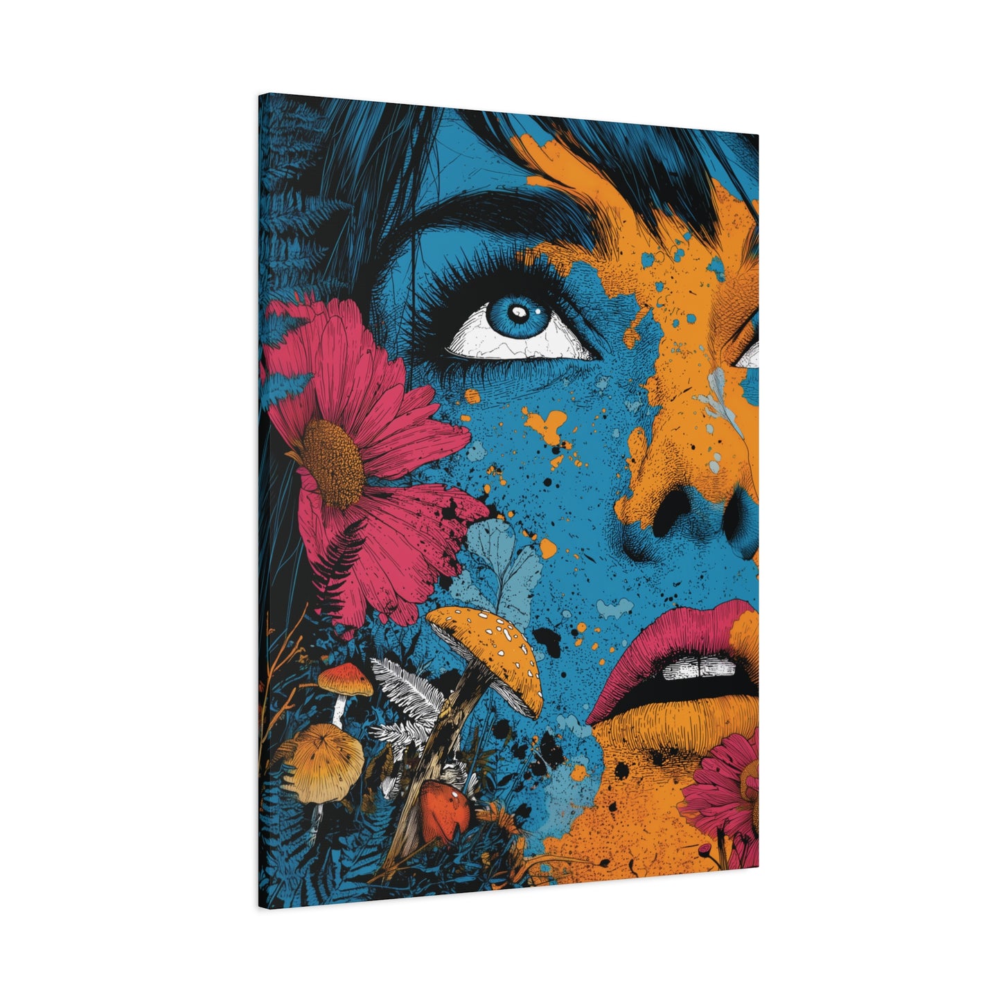 Woman's Face Surrealism and Psychedelic Pop Canvas Art Print, Whimsical Mushrooms and Floral Pop Art, Edgy Art Decor, Living Room Decoration