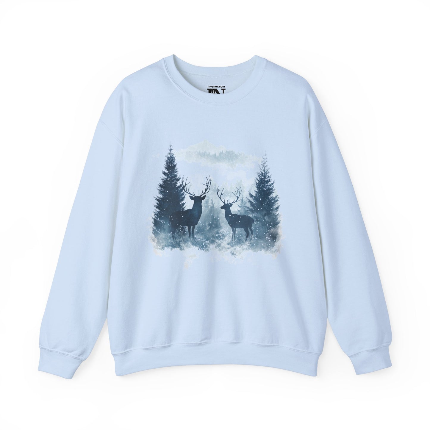 Winter Forest Deer Scene Sweatshirt, Snowy Evergreen Tree Graphic, Ethereal Watercolor Style, Peaceful Winter Atmosphere, Unisex Cozy