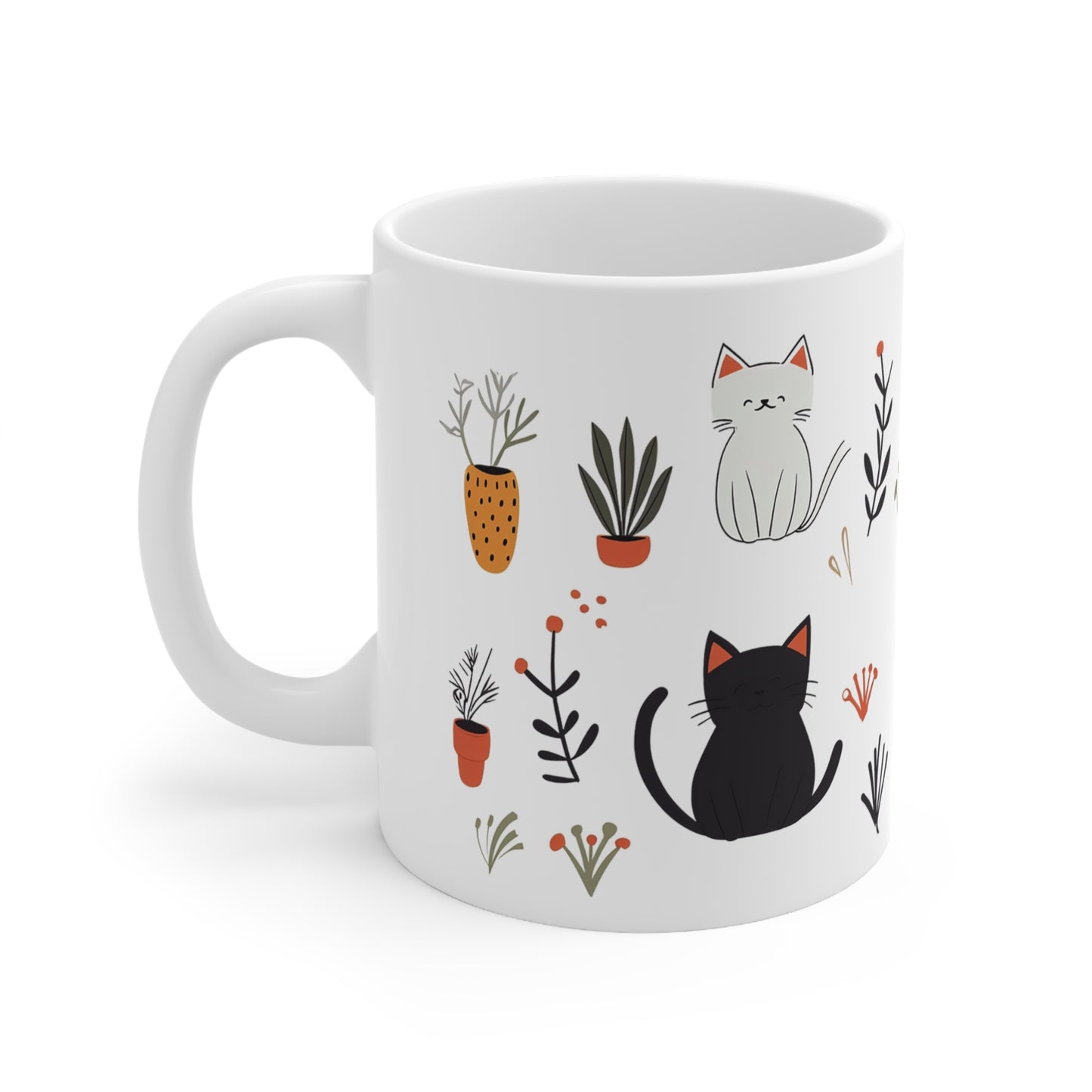 Cat Mug, Cute Cat Coffee Mug, Cat Painting Tea Cup, Kitten Mug, Cat Pattern Mug, Plants and Cats Mug, Plants Mug, Cat Lover Gift