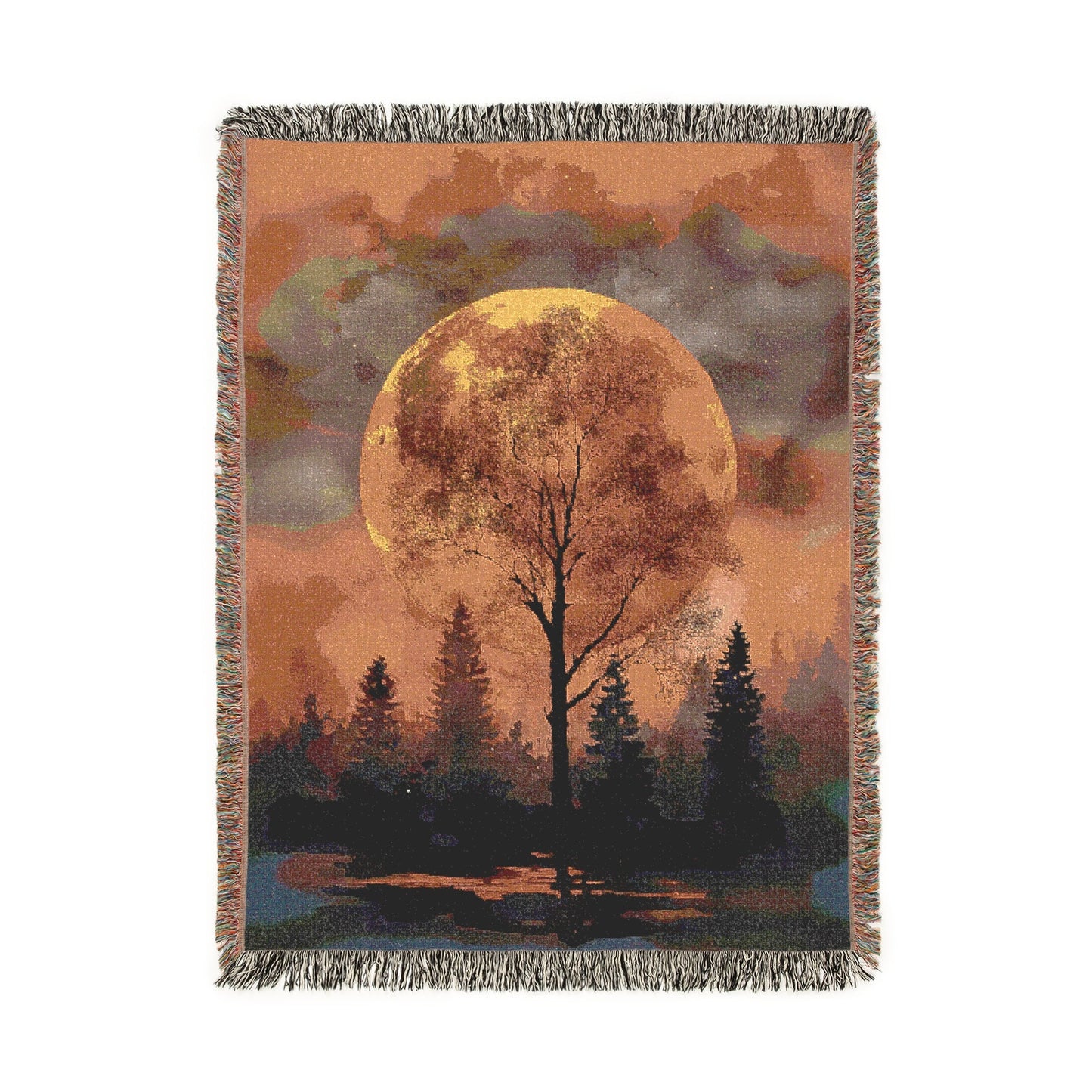 Autumn Forest Moon Woven Blanket, Full Moon Tree Silhouette Tapestry, Nature Lover Gift, Rustic Cabin Decoration, Fall Throws