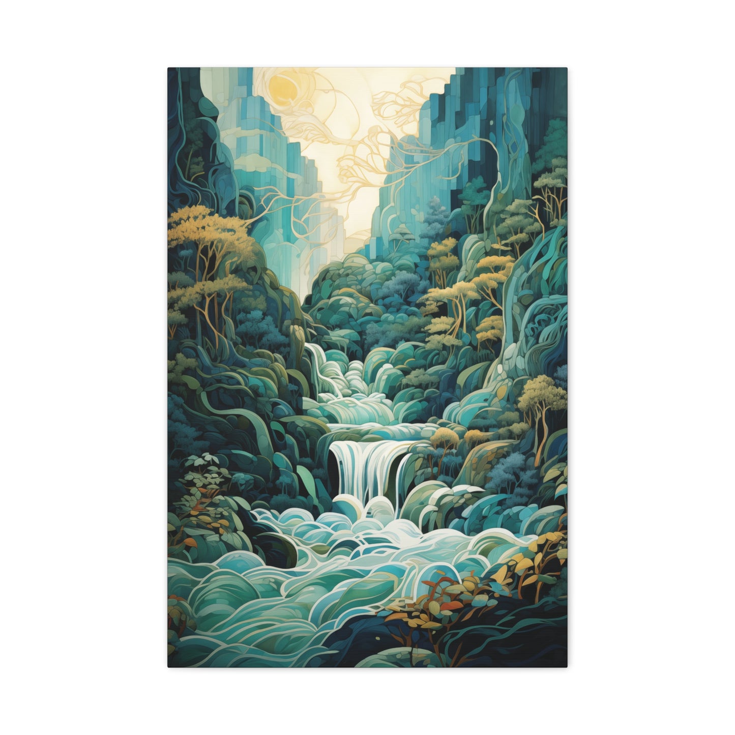 Waterfall Landscape Abstract Style Canvas Wall Art, Teal Green Blue Wall Decor, Nature Artwork, Modern Home Decor, Serene Art Print