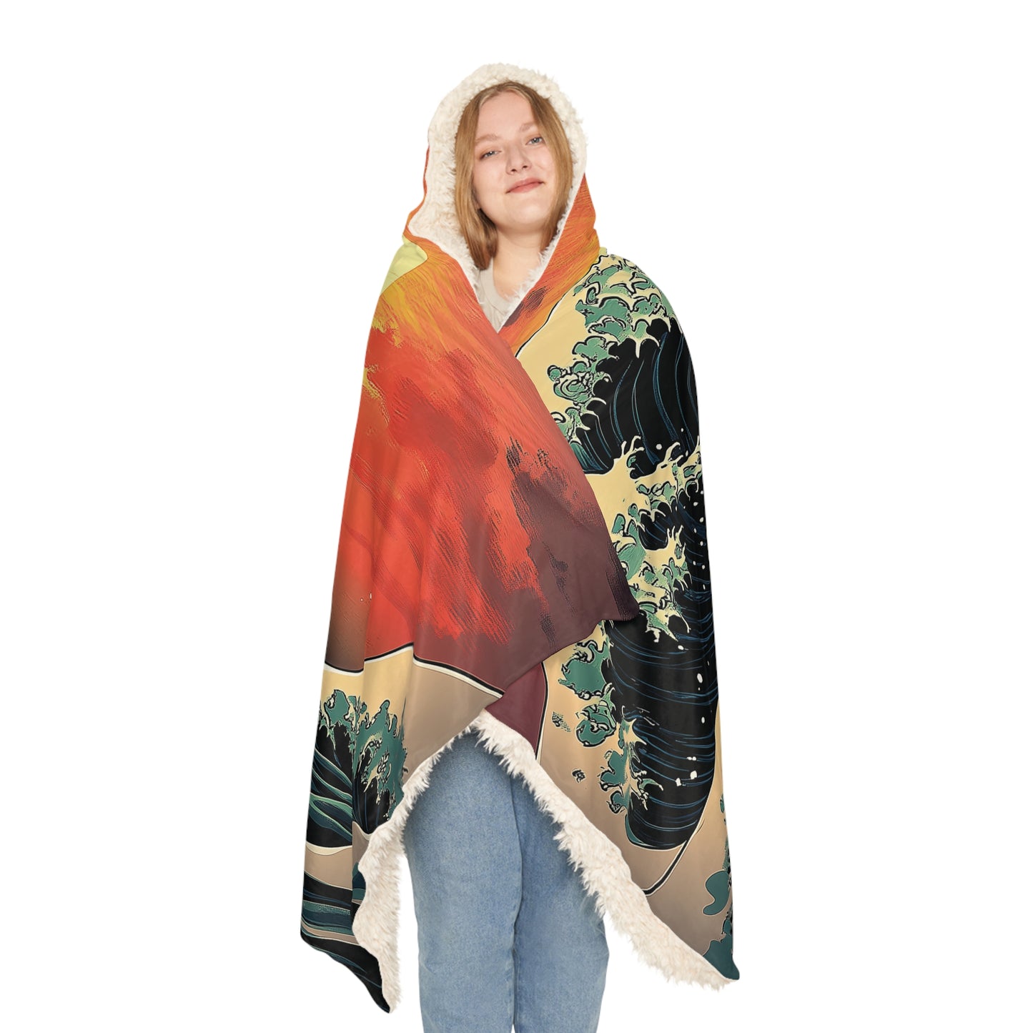 Hooded Blanket, Snuggle Blanket, Kanagawa Waves Design, Japanese-Inspired Snuggle Blanket, Microfiber Fleece, Sherpa Material, Warmth