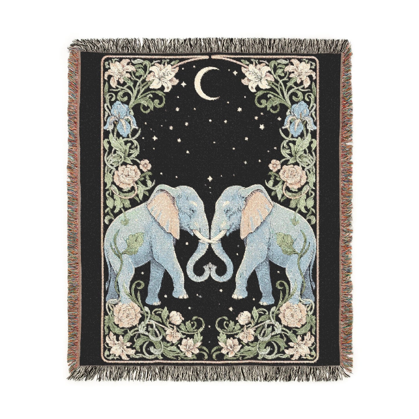 Elephant Woven Blanket, Celestial Tapestry, Romantic Couple Jacquard Throw, Moon Stars Art, Art Nouveau Botanical, Anniversary Wedding Gift