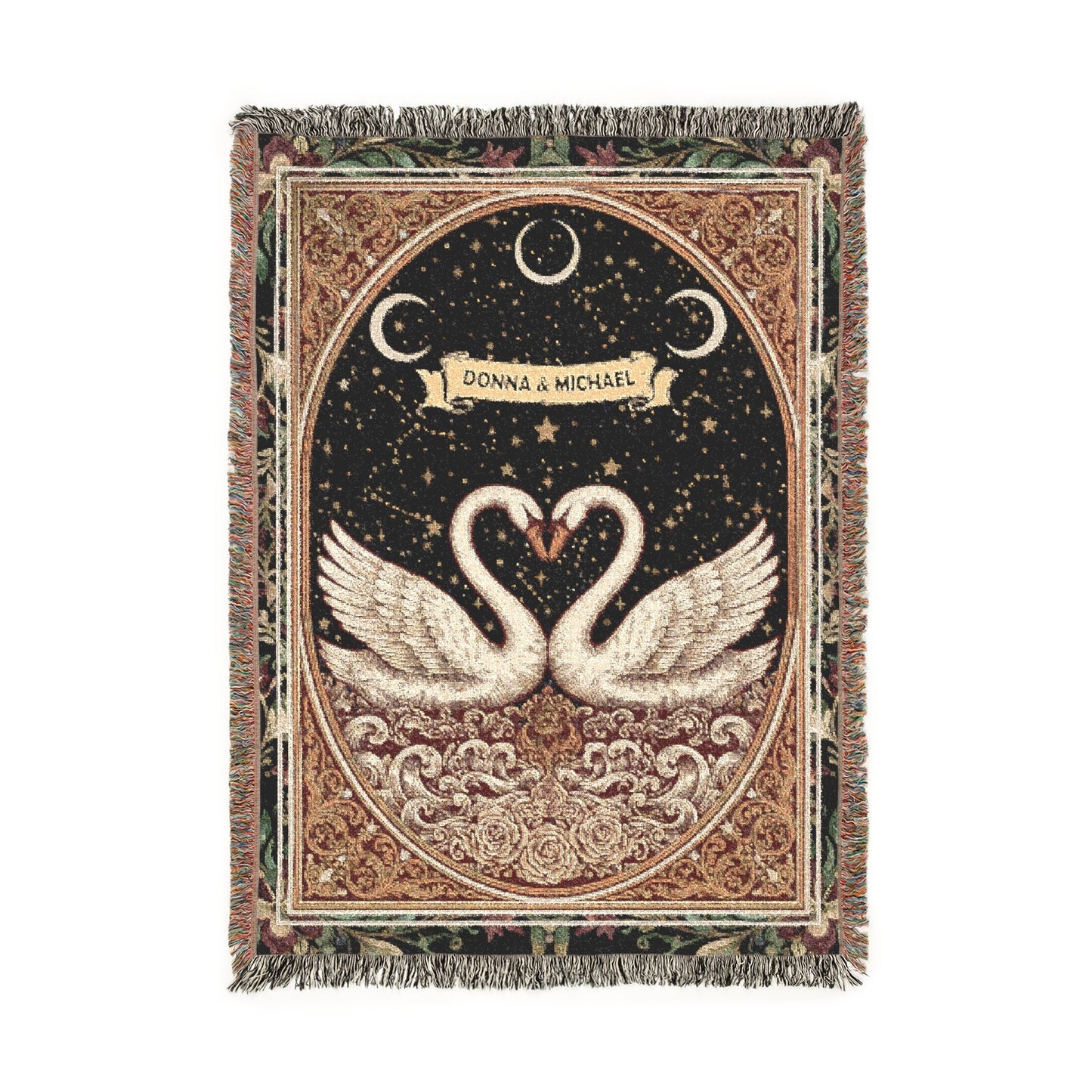 Personalized Swan Woven Blanket, Custom Couple Names Tapestry, Valentine's Day Jacquard Romantic Anniversary Throw, Starry Night Decor