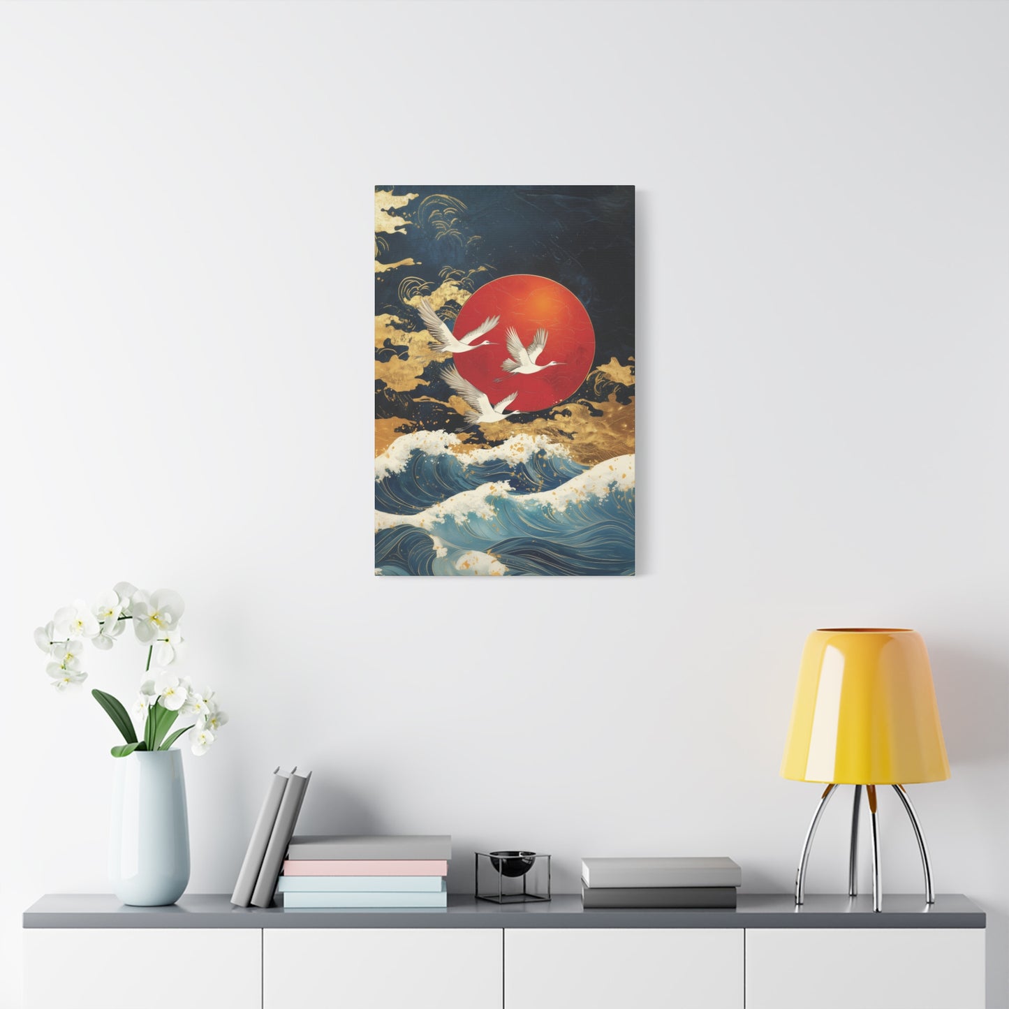 Japanese-Inspired Cranes Artwork Canvas Print, Stretched Matte Canvas, Luxurious Home Decor, Office Wall Art, Home Livingroom Decoration