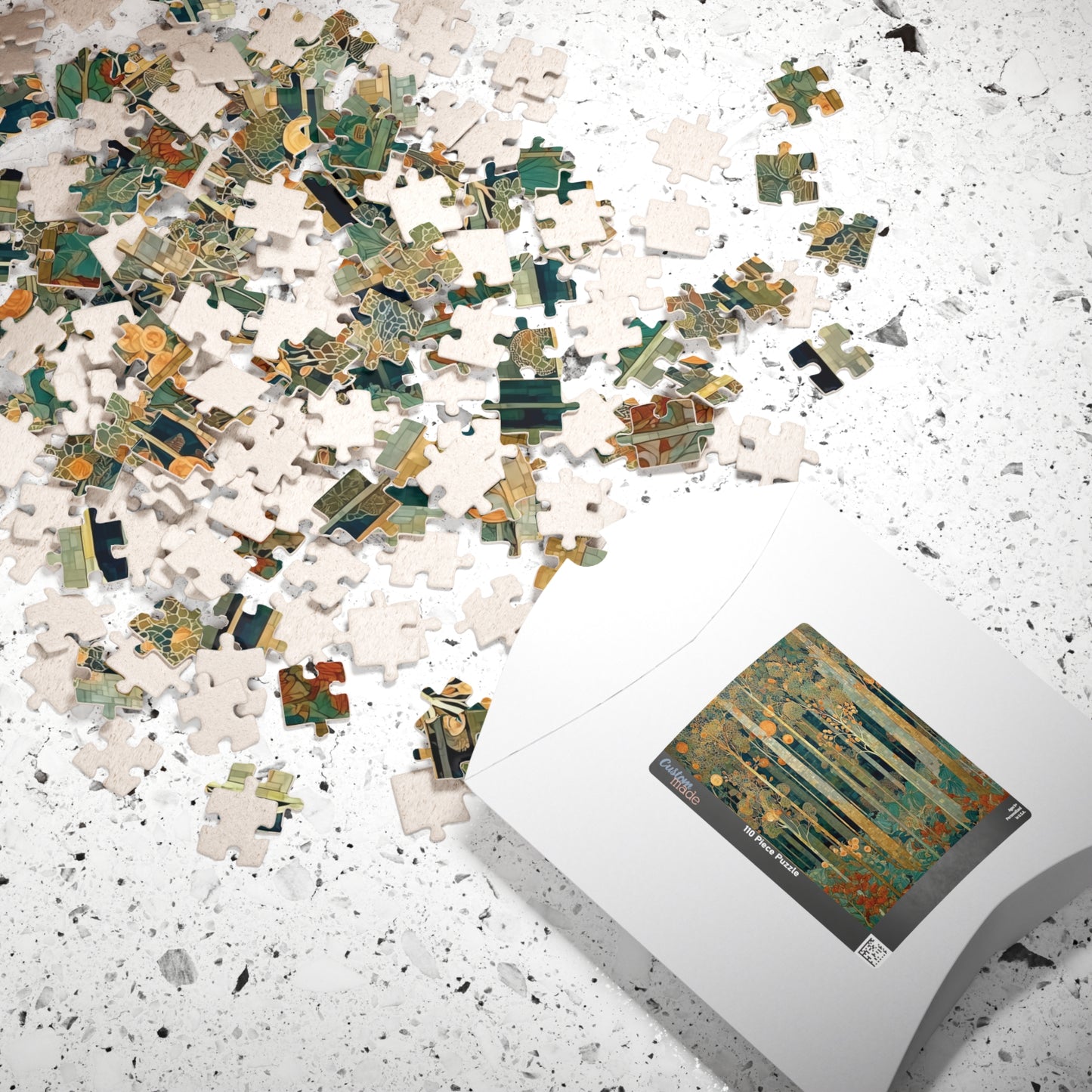 Jigsaw puzzle with pieces scattered on a surface, partially completed, with a box of additional pieces in the foreground.