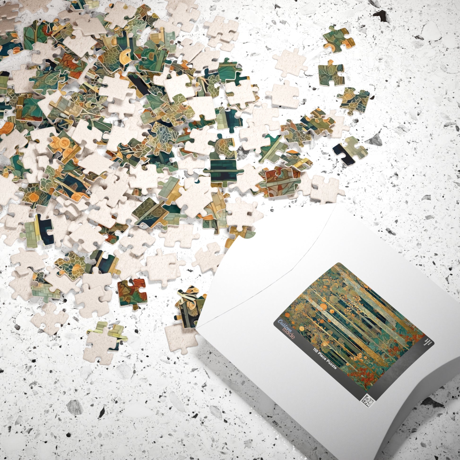 Jigsaw puzzle with pieces scattered on a surface, partially completed, with a box of additional pieces in the foreground.
