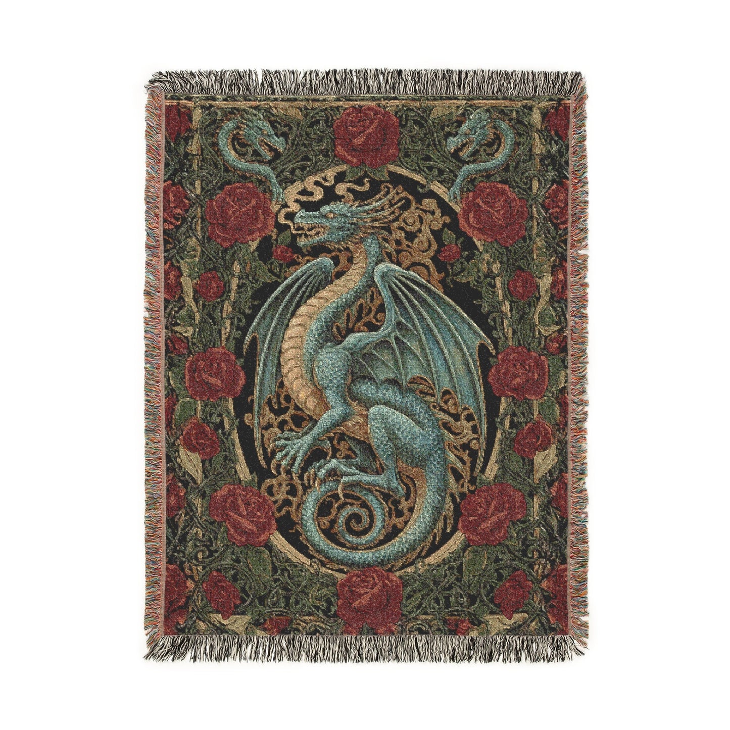 Dragon Woven Blanket, Gothic Tapestry Wall Hanging, Fantasy Art Jacquard Throw Red Roses, Dark Academia Medieval Decor, Mythical Creature