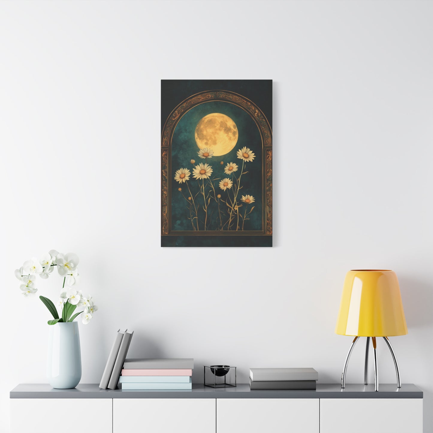 Daisy Flower Wall Art, Moonlit Floral Canvas Art, Flower Decor, Boho Wall Art, Home Decor, Gift for Nature Lovers, Bedroom Wall Hanging