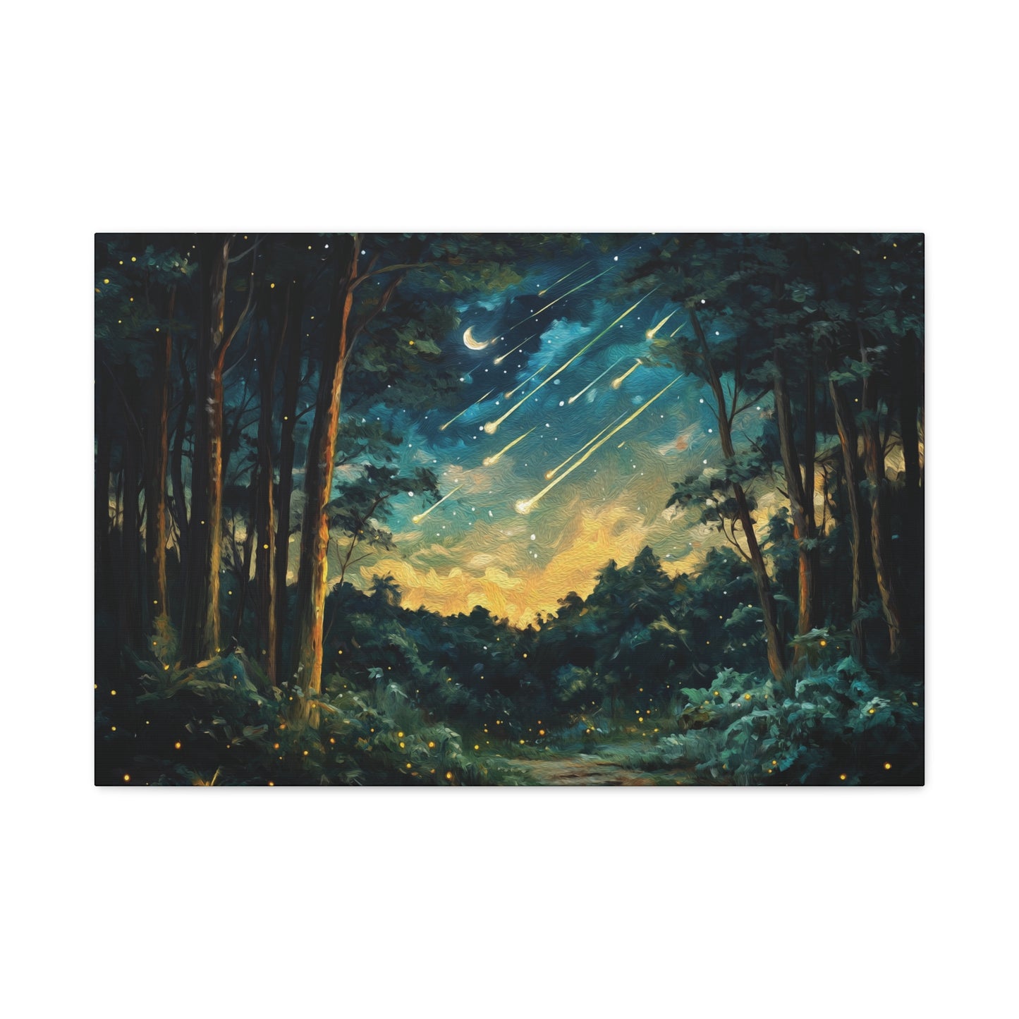 Magical Nighttime Woods Oil Painting Style Canvas Wall Art, Enchanted Forest, Starry Sky, Moon and Shooting Stars, Fireflies, Nature Lover