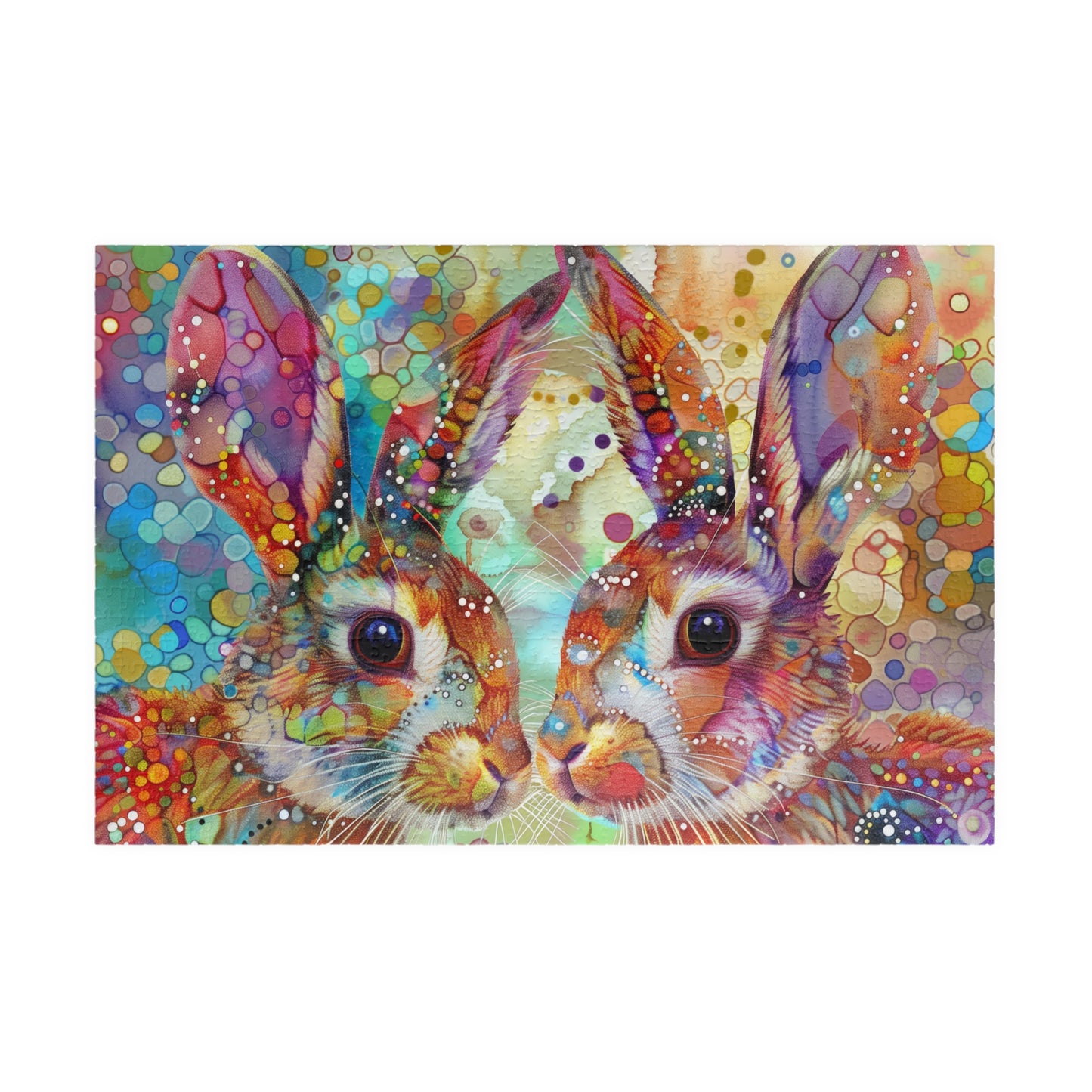 Colorful puzzle of two rabbits with a vibrant, abstract background