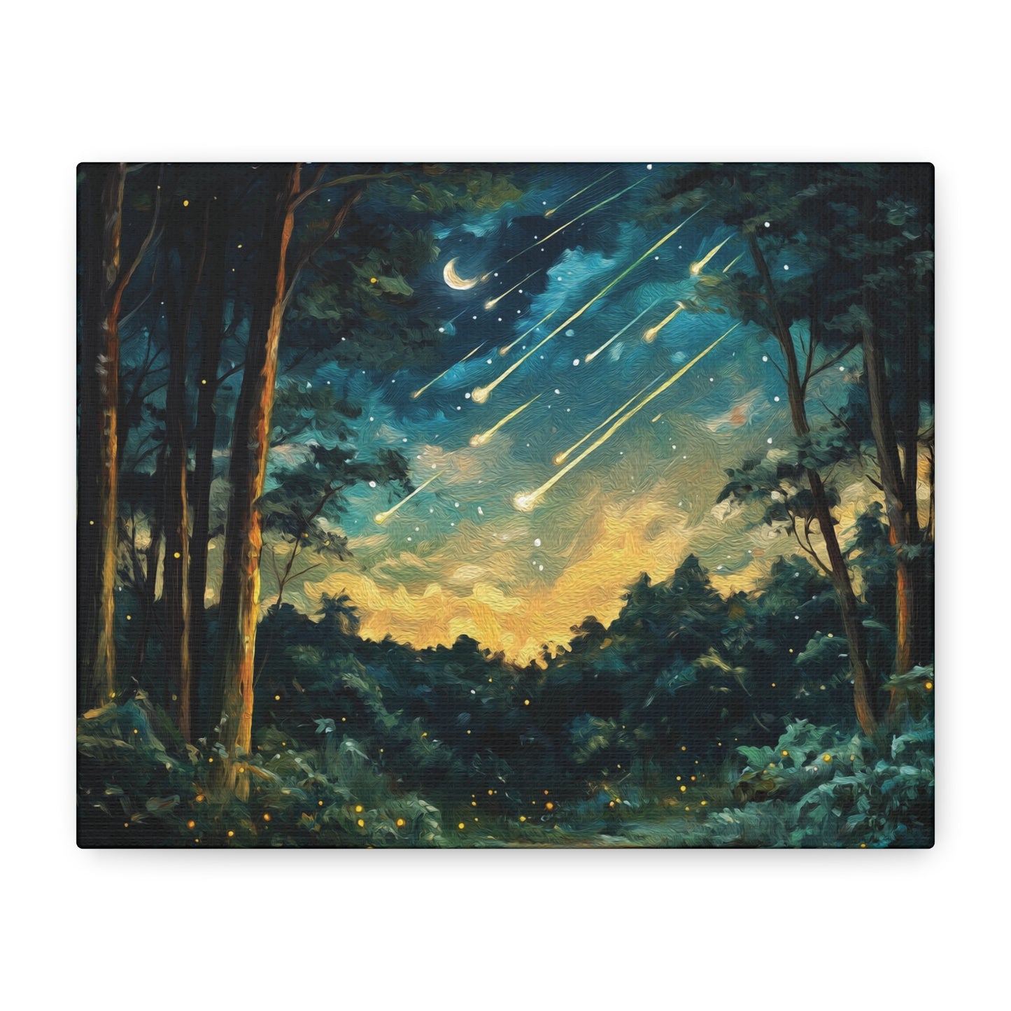 Magical Nighttime Woods Oil Painting Style Canvas Wall Art, Enchanted Forest, Starry Sky, Moon and Shooting Stars, Fireflies, Nature Lover