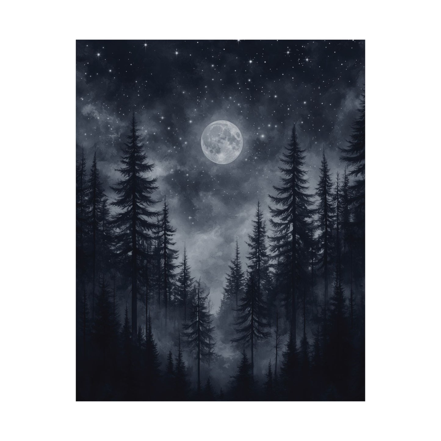 Moonlit Forest Nightscape Poster, Mystical Nature Full Moon Artwork, Serene Atmosphere Wall Art, Home Office Decor Gift Outdoor Enthusiasts