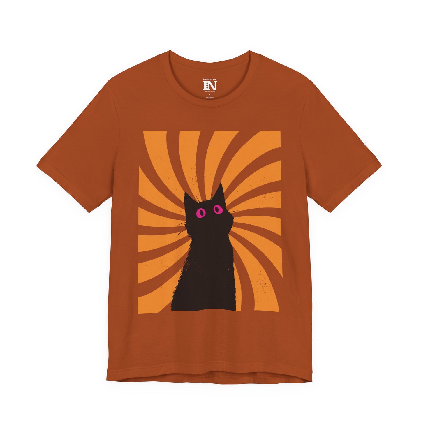 Black Graphic Cat Swirling Sunburst Shirt, Artistic Stylized Feline Tee, Distressed Style, Abstract Style Cat Pink Eye T-shirt, XS-3XL