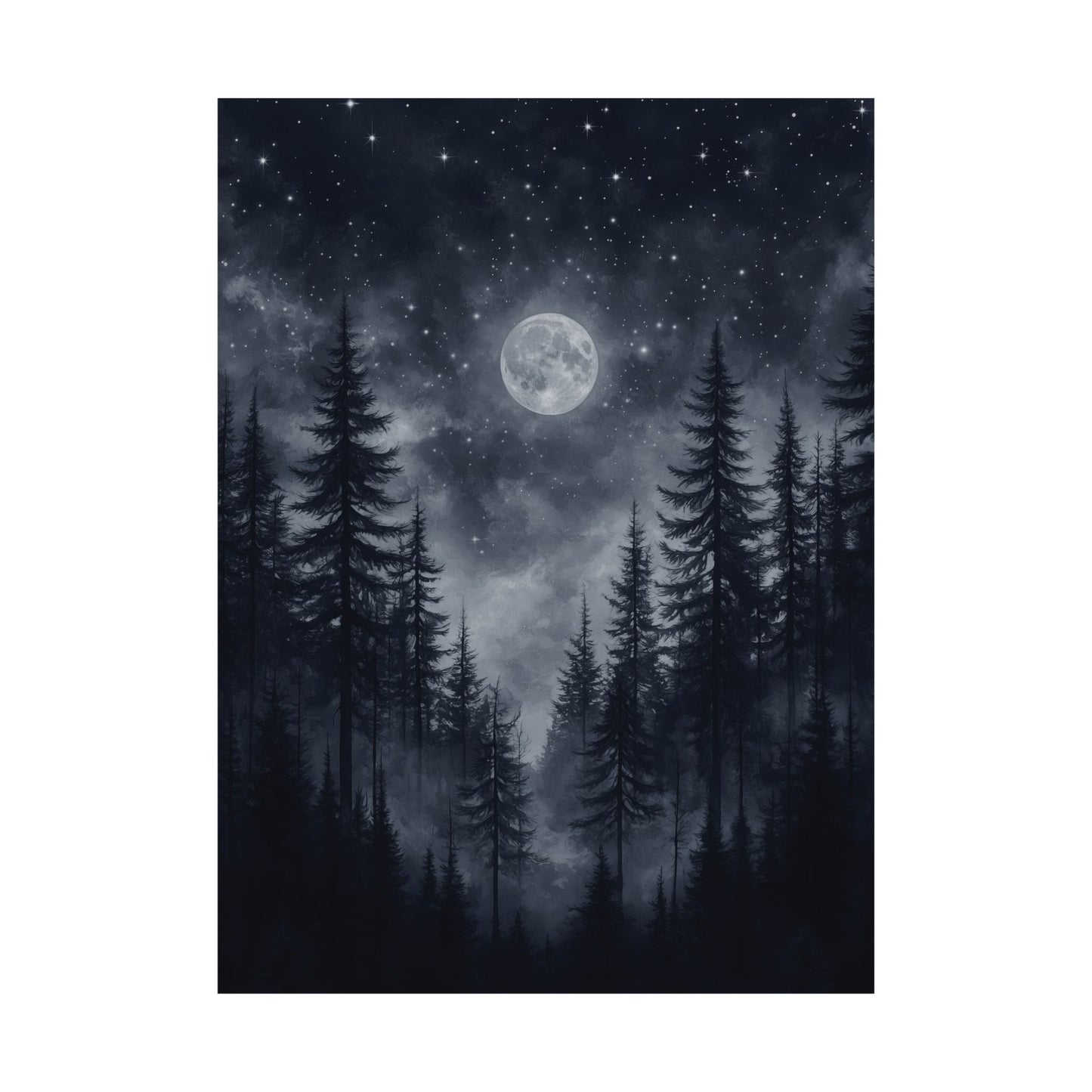 Moonlit Forest Nightscape Poster, Mystical Nature Full Moon Artwork, Serene Atmosphere Wall Art, Home Office Decor Gift Outdoor Enthusiasts