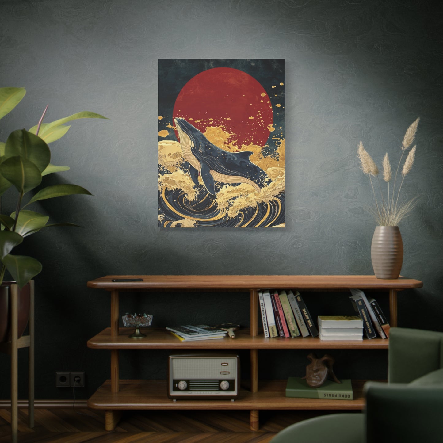 Majestic Whale Breaching Canvas Print, Japanese Art Inspired, Ocean Lover Gift, Japan Lover Gift, Wall Art Decor, Red Sun Painting