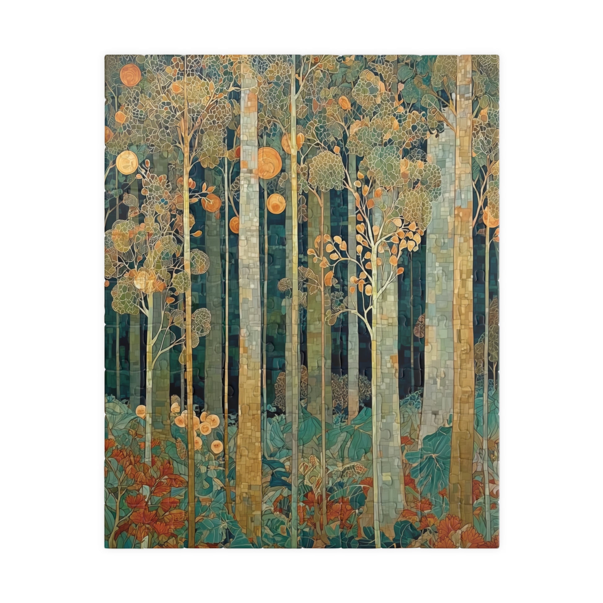 Puzzle of an artistic depiction of a forest with tall trees and colorful foliage on a white background