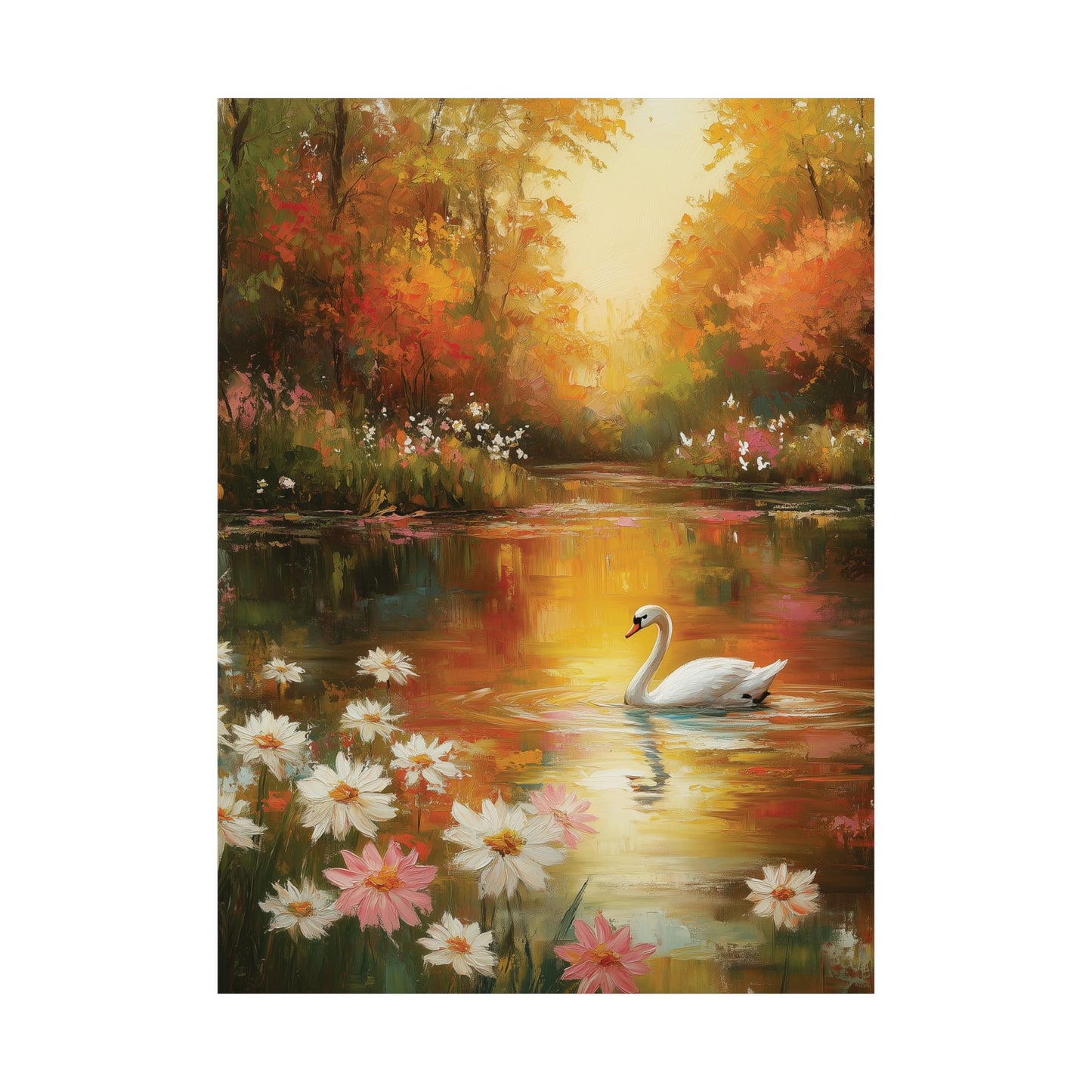 Impressionist Swan Pond Poster, Nature Wall Art Print, Daisy Flower Art, Home Office Decor, Painting Style Wall Art Print, Living Room Decor