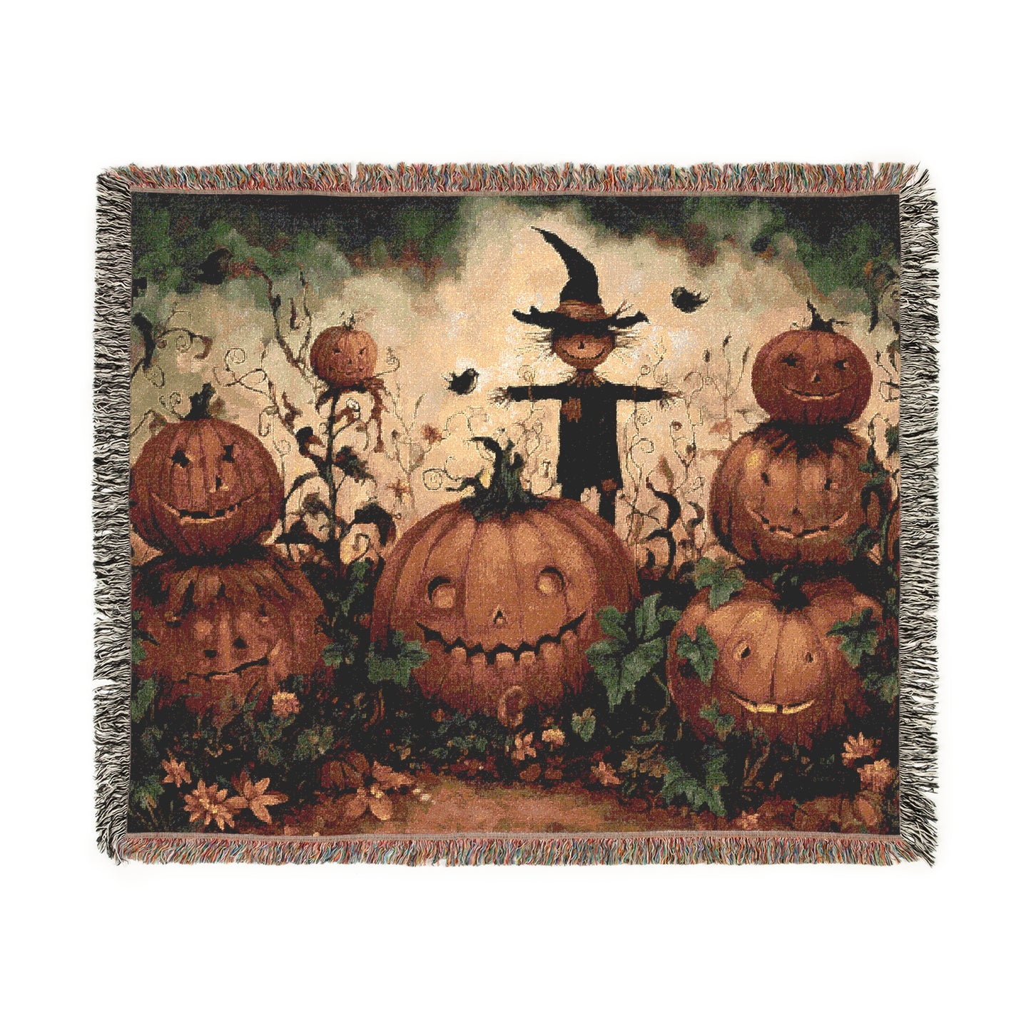 Halloween Woven Blanket, Fall Scarecrow Jack-o'-lantern Throw, Autumn Tapestry, Festive Home Decor, Cozy Couch Blanket, Halloween Party