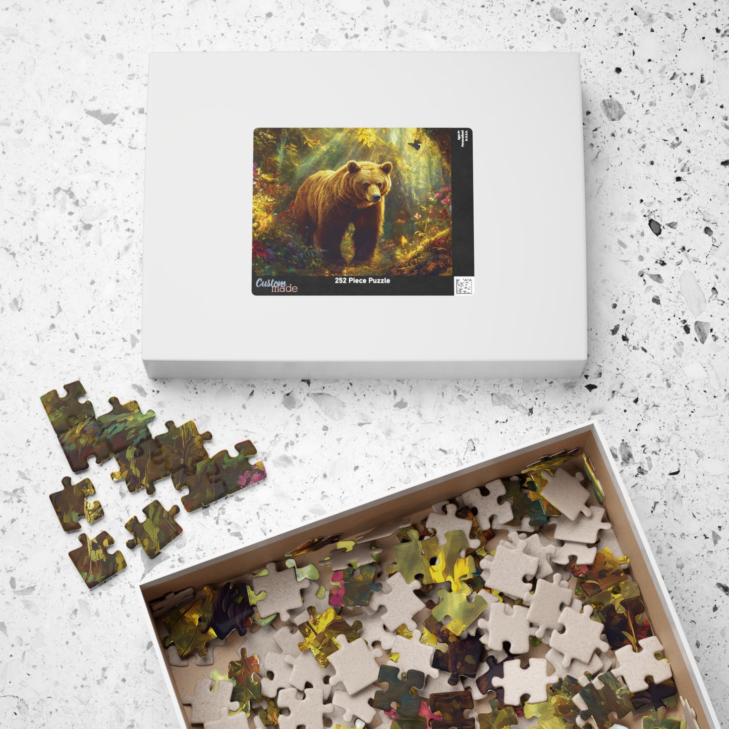 Majestic Bear Jigsaw Puzzle, Bear Lover Gift, Enchanted Woodland Jungle, Floral Wood Wildflowers Puzzle, Nature Enthusiast Gift, Wall Art