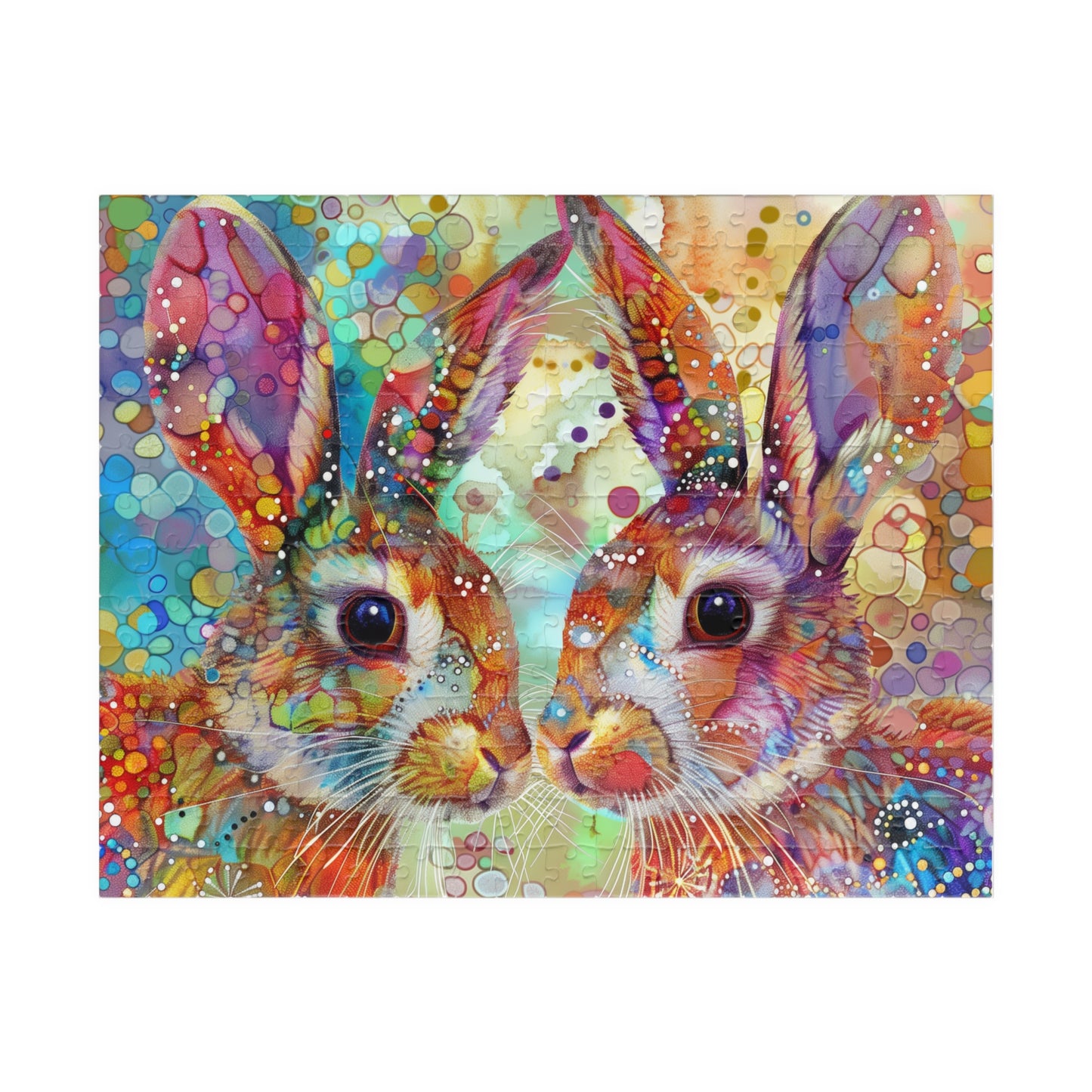Colorful puzzle of two rabbits with a vibrant, abstract background