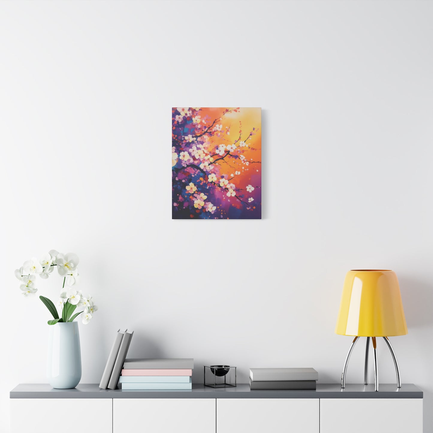 Cherry Blossom Impressionistic Painting Canvas Wall Art, Floral Wall Art for Living Room, Office Home Decor, Flower Artwork, Sunset Gradient