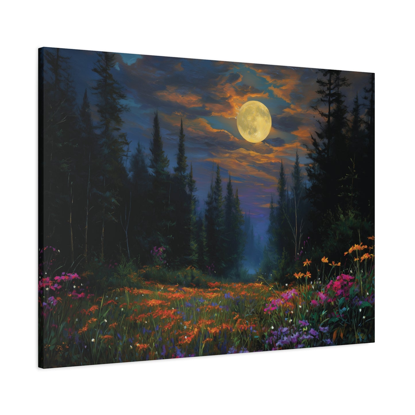 Celestial Moonlit Forest Wildflower Meadow Canvas Wall Art, Pine Trees Twilight Sky Print, Nature Lover Bedroom Living Room Cabin Decor