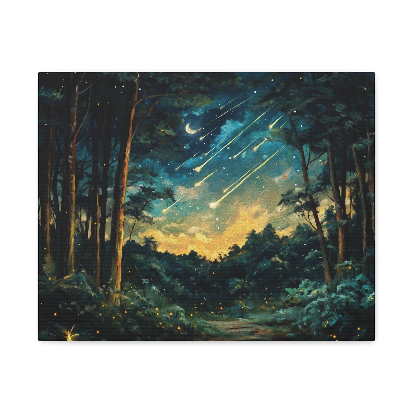 Magical Nighttime Woods Oil Painting Style Canvas Wall Art, Enchanted Forest, Starry Sky, Moon and Shooting Stars, Fireflies, Nature Lover