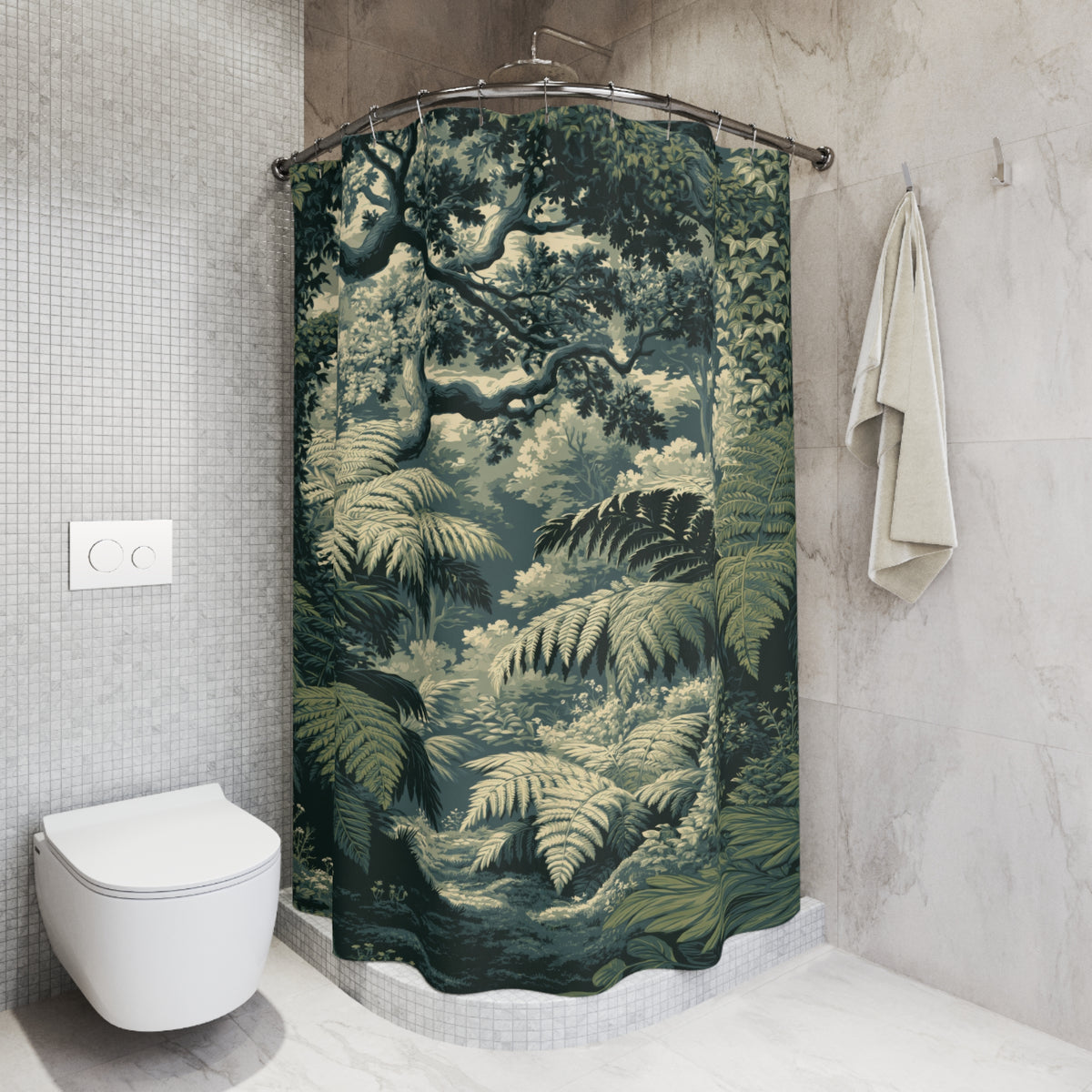 A curved shower curtain featuring a detailed forest and fern jungle print in shades of green and beige, hanging in a modern bathroom with gray tiled walls, a white toilet, and a folded towel.