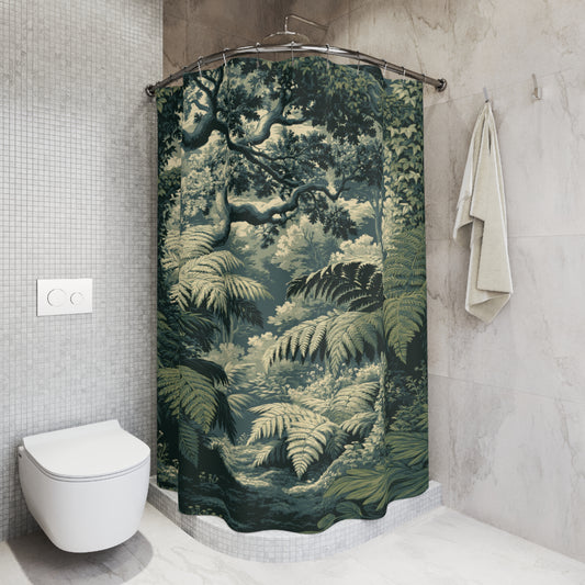 A curved shower curtain featuring a detailed forest and fern jungle print in shades of green and beige, hanging in a modern bathroom with gray tiled walls, a white toilet, and a folded towel.