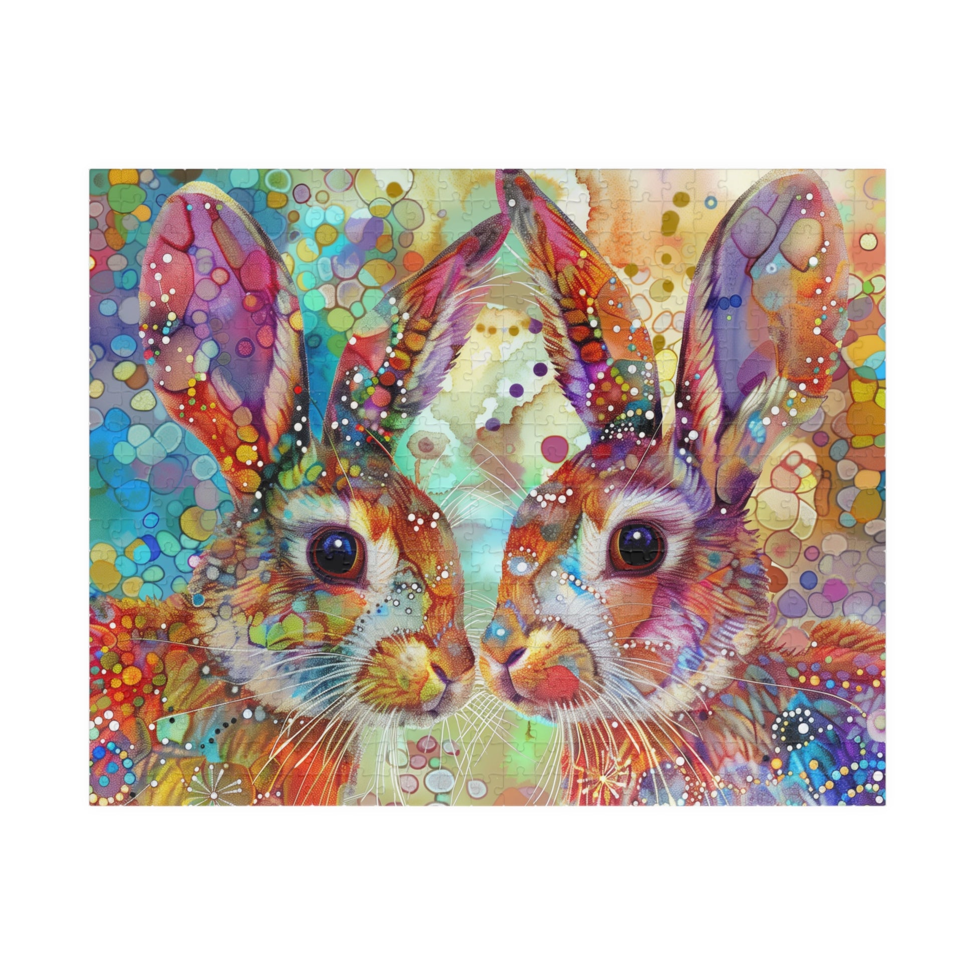 Colorful puzzle of two rabbits with a vibrant, abstract background