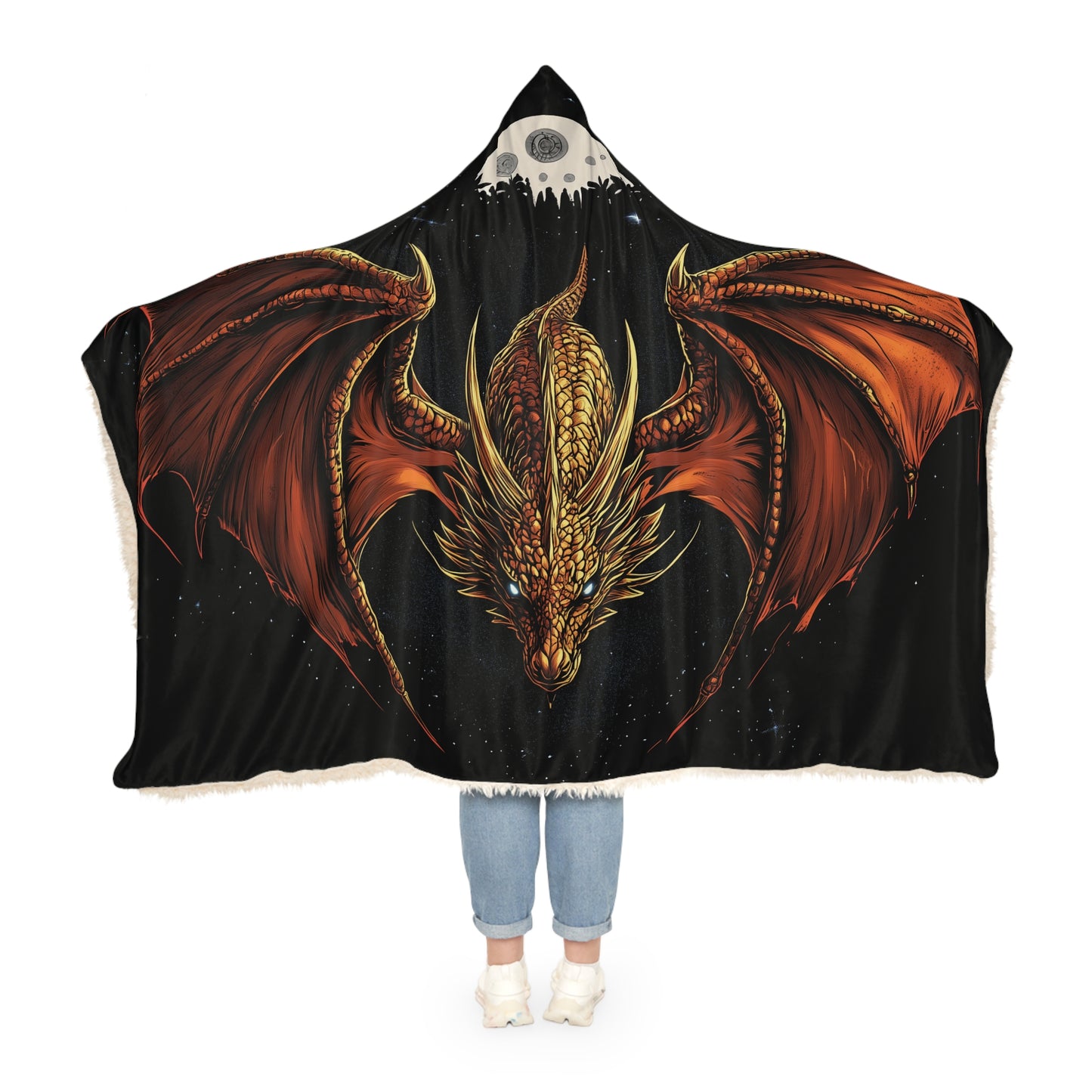 Dragon Hooded Snuggle Blanket, Golden Dragon Design, Fantasy Sherpa Blanket, Microfiber Fleece Throw, Cosy Hoodie Blanket, Dragon Lover Gift