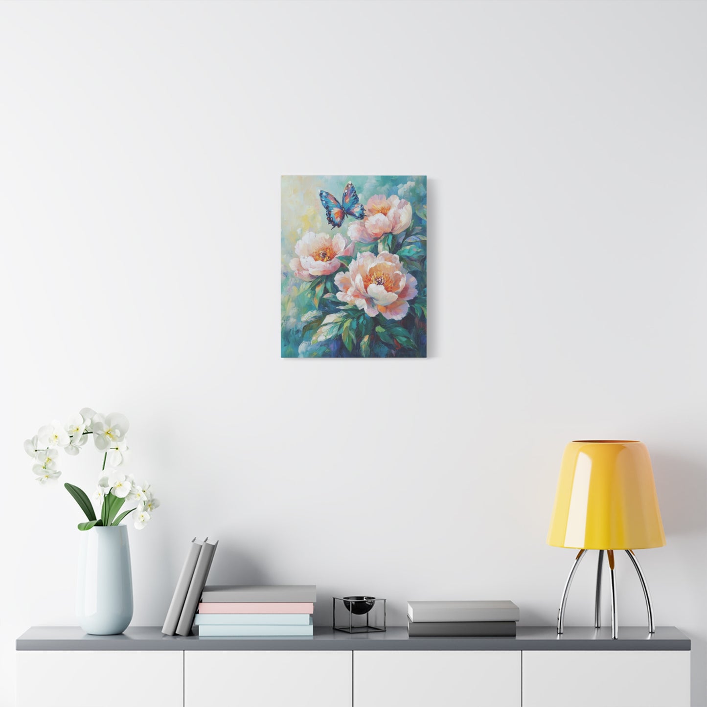 Pink Peach Peony Floral Canvas Print Art, Butterfly Wall Decor, Flower and Butterfly Canvas, Nature Lover Gift, Oil Painting Style Wall Art