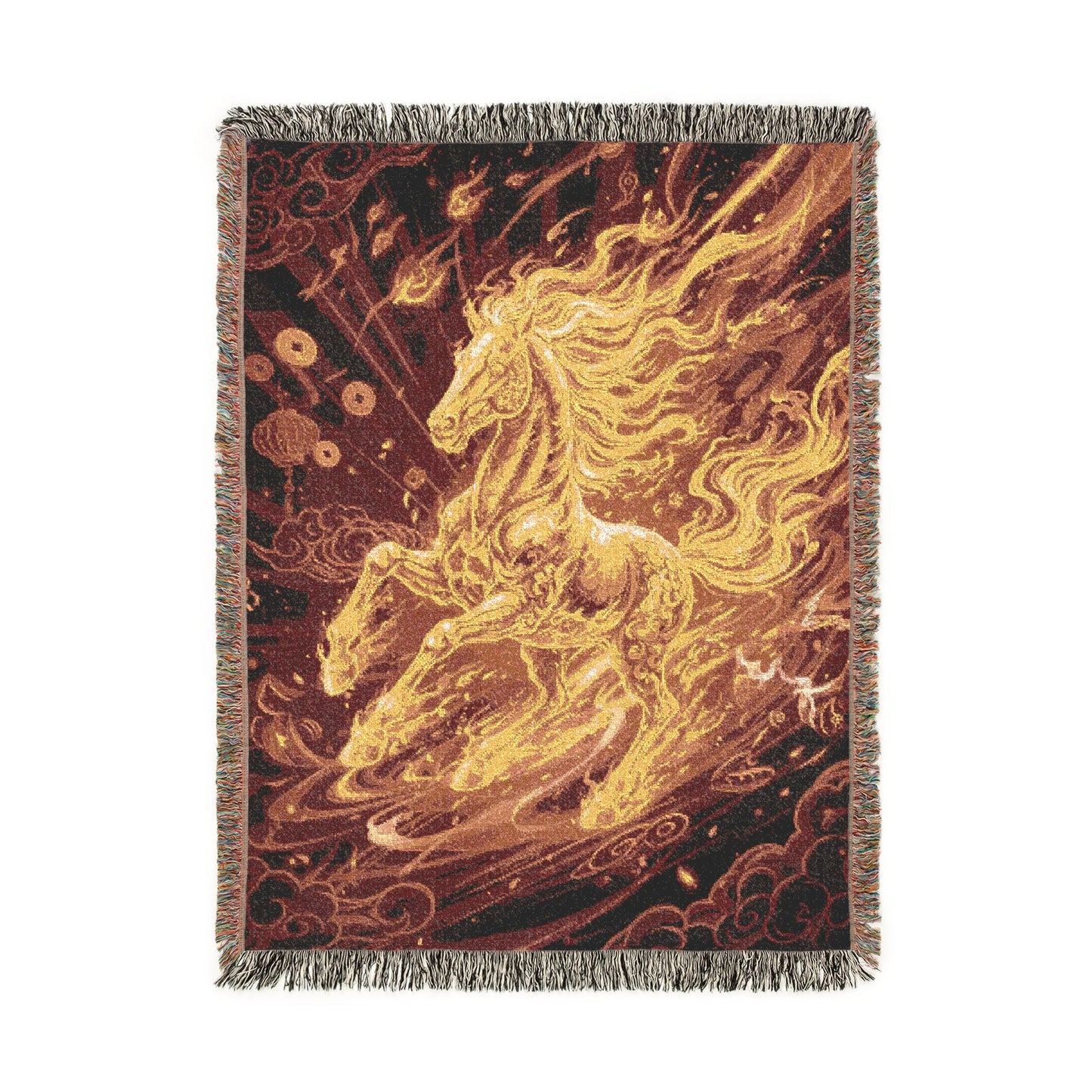 Fiery Horse Woven Blanket, Golden Fantasy Tapestry, Year of the Horse Gift, Chinese New Year 2026 Jacquard Throw, Equestrian Wall Decor