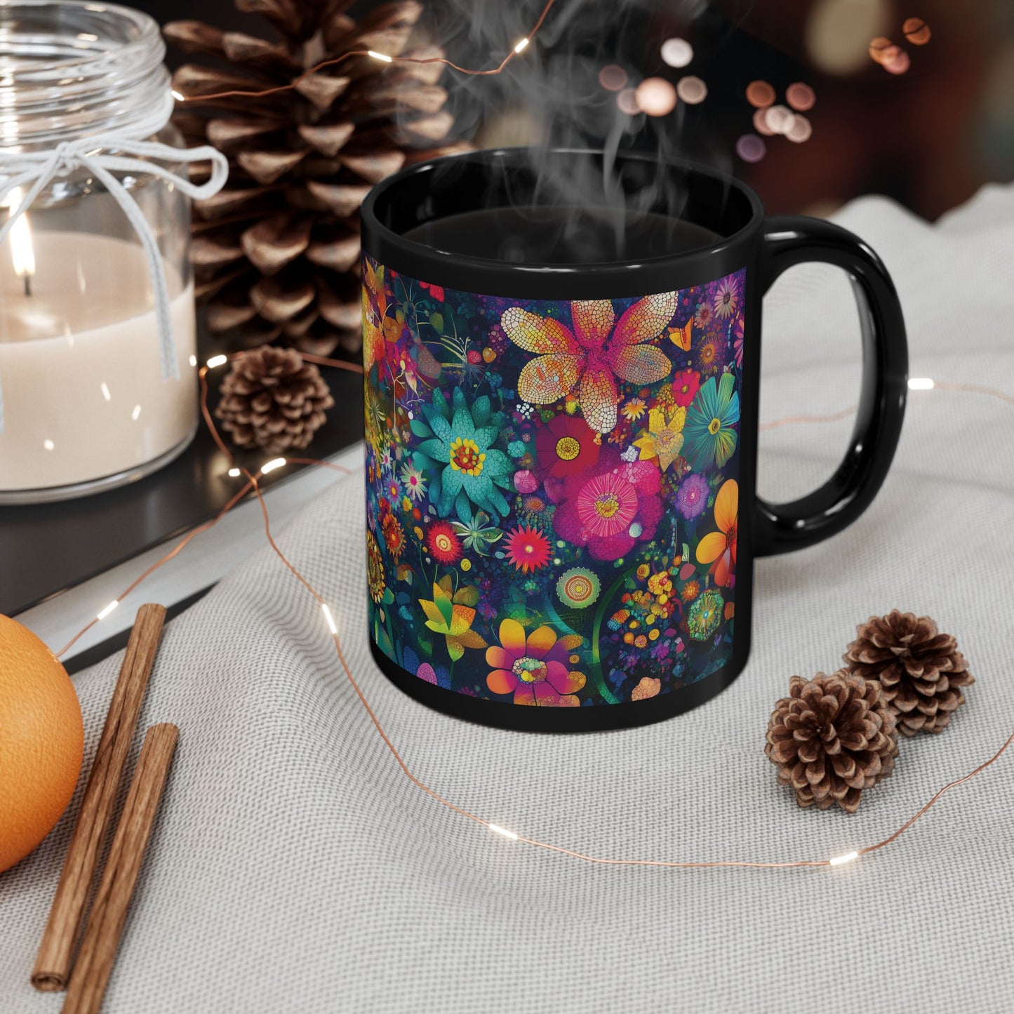 Colorful Floral Garden Black Mug, Vibrant Flower Art Coffee Cup, Gift for Mom, Mosaic Style Drinking Mug, Butterfly and Orb Design