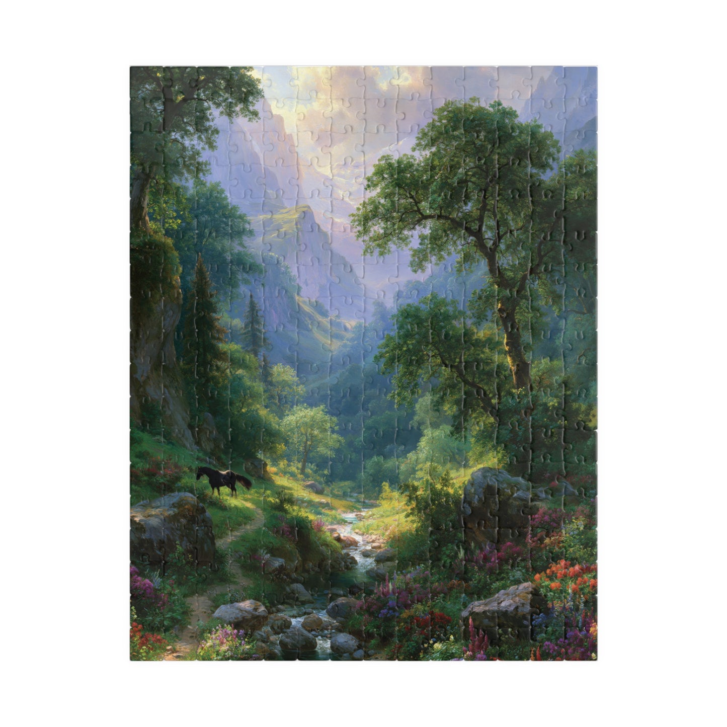 Scenic Mountain Valley Jigsaw Puzzle, Wildflower Meadow Art, Black Horse Landscape, Nature Lover Gift, 500 1000 Piece Brain Teaser