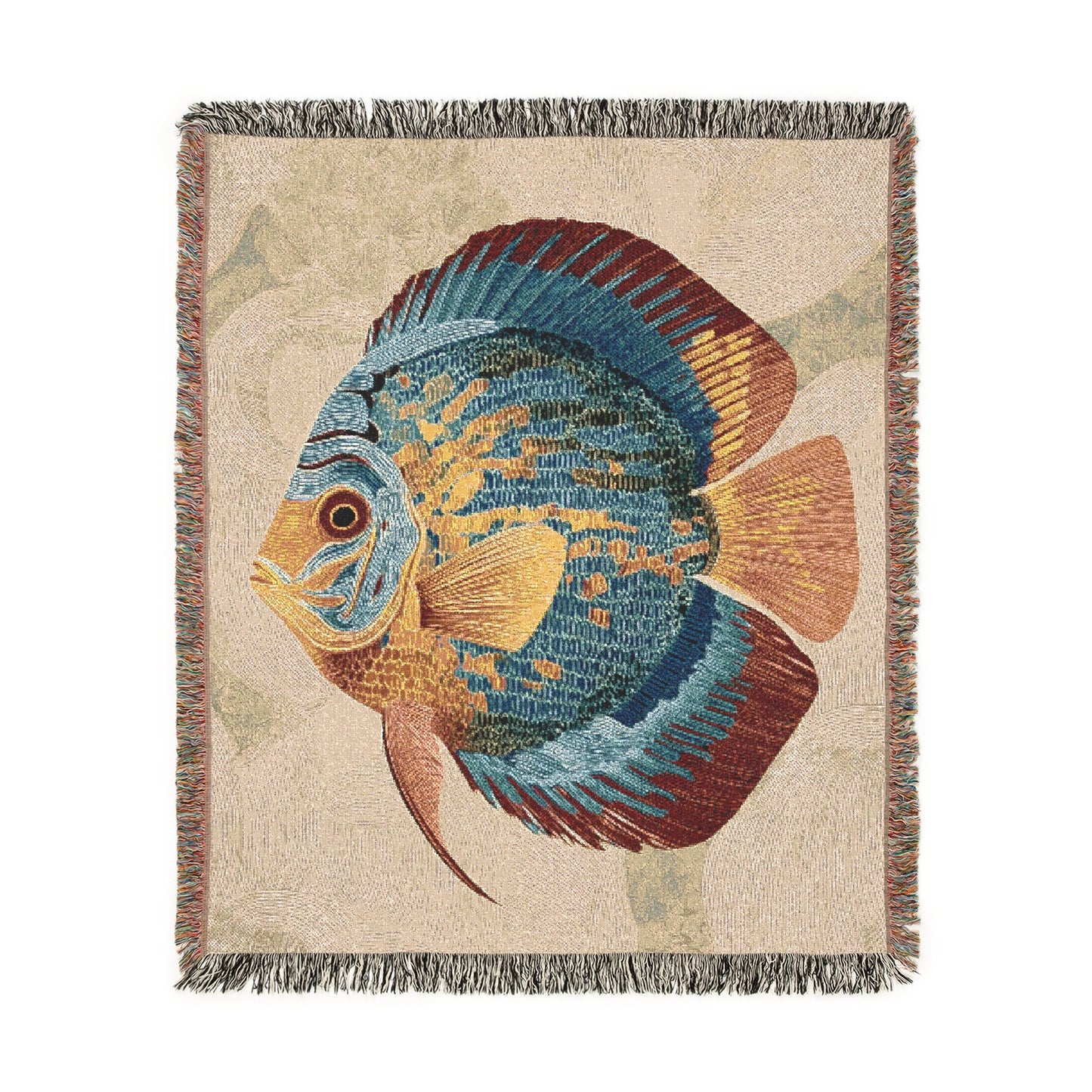 Discus Fish Woven Blanket, Vibrant Underwater Serenity Throw, Coastal Home Decor, Artistic Fringed Couch Blanket, Beach Picnic Blanket