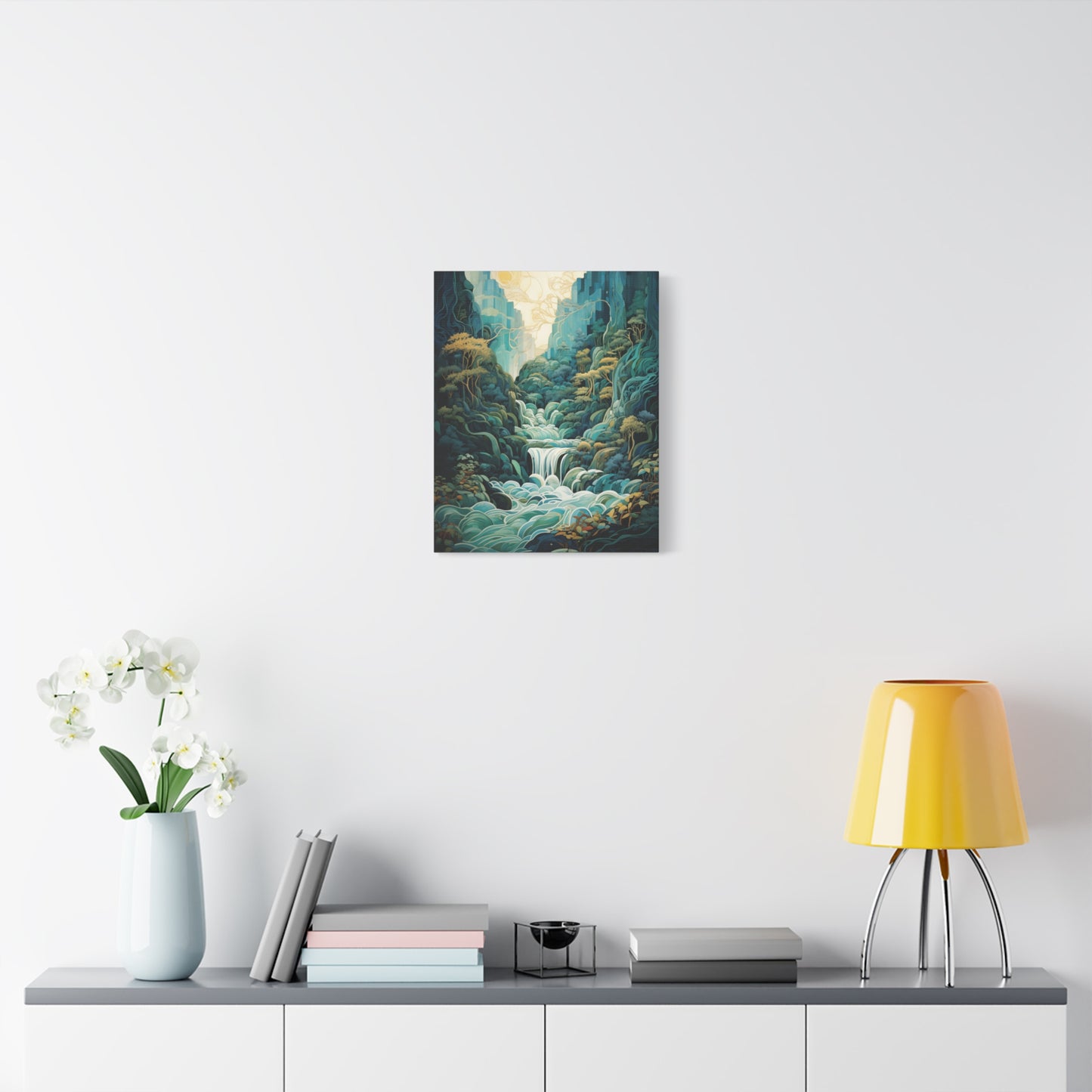 Waterfall Landscape Abstract Style Canvas Wall Art, Teal Green Blue Wall Decor, Nature Artwork, Modern Home Decor, Serene Art Print