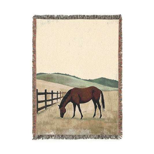 Rustic Horse Woven Blanket Throw, Country Cottage Decor, Vintage Style Painterly Fringed Sofa Couch Bed Armchair Cover, Pastoral Home Gift