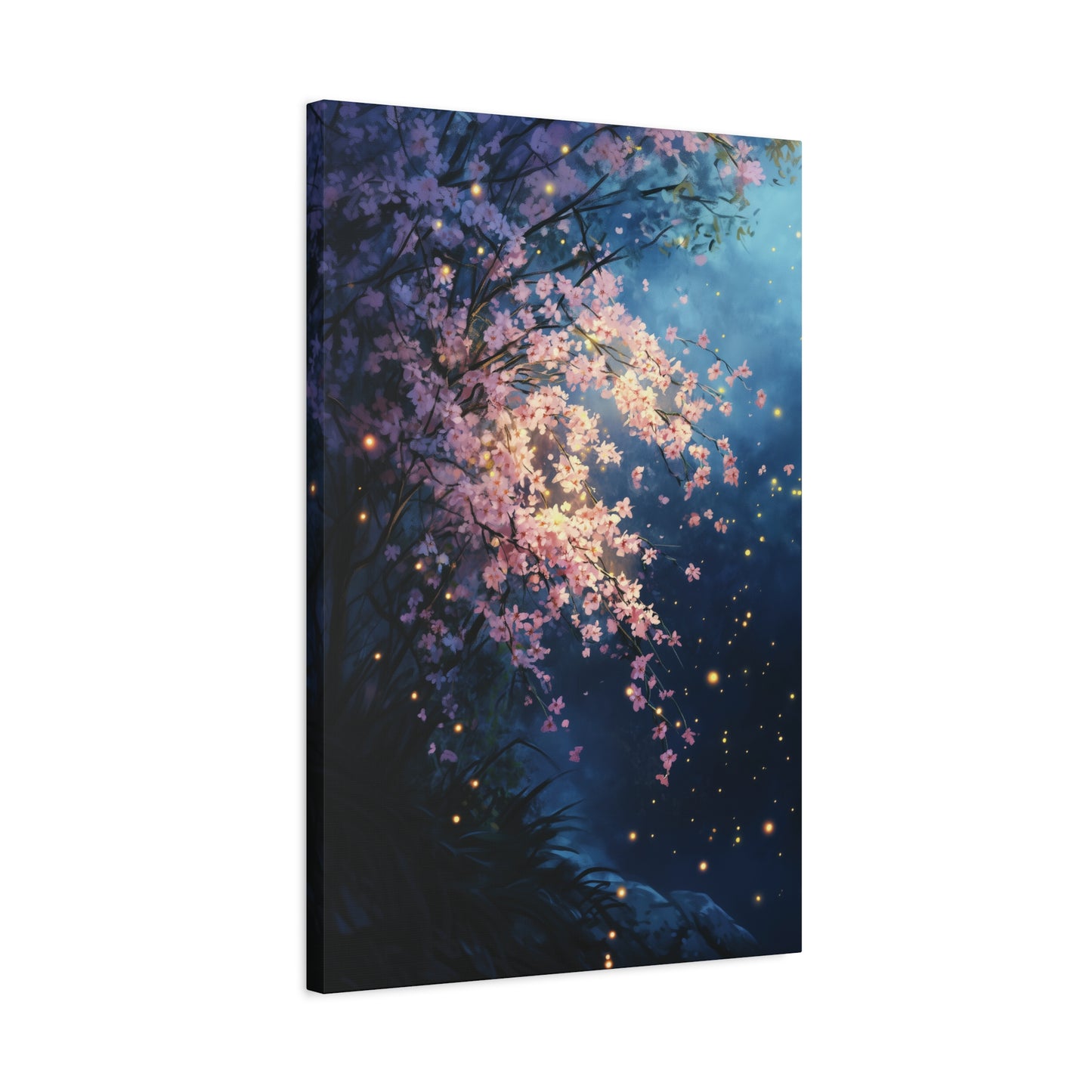 Cherry Blossom Night Scene Canvas Print, Magical Firefly Artwork, Ethereal Nature Wall Art, Sakura Flower Canvas Wall Art, Home Office Decor